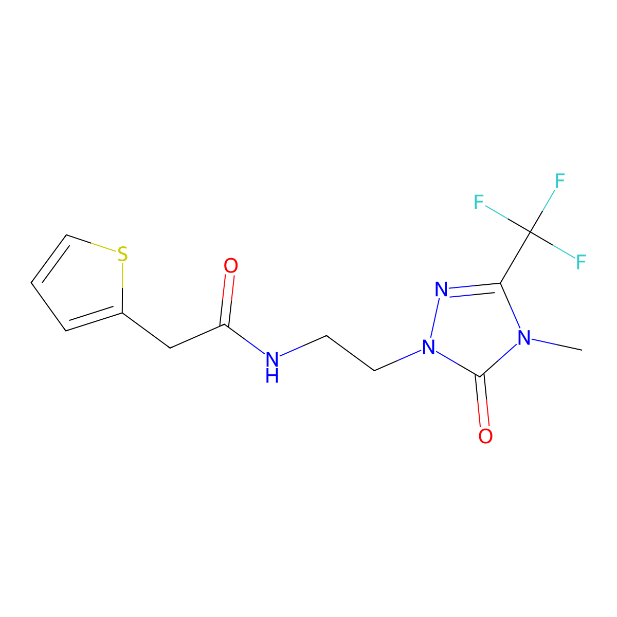N-{2-[4-methyl-5-oxo-3-(trifluoromethyl)-4,5-dihydro-1H-1,2,4-triazol-1-yl]ethyl}-2-(thiophen-2-yl)acetamide molecular structure, CAS 1421525-01-0