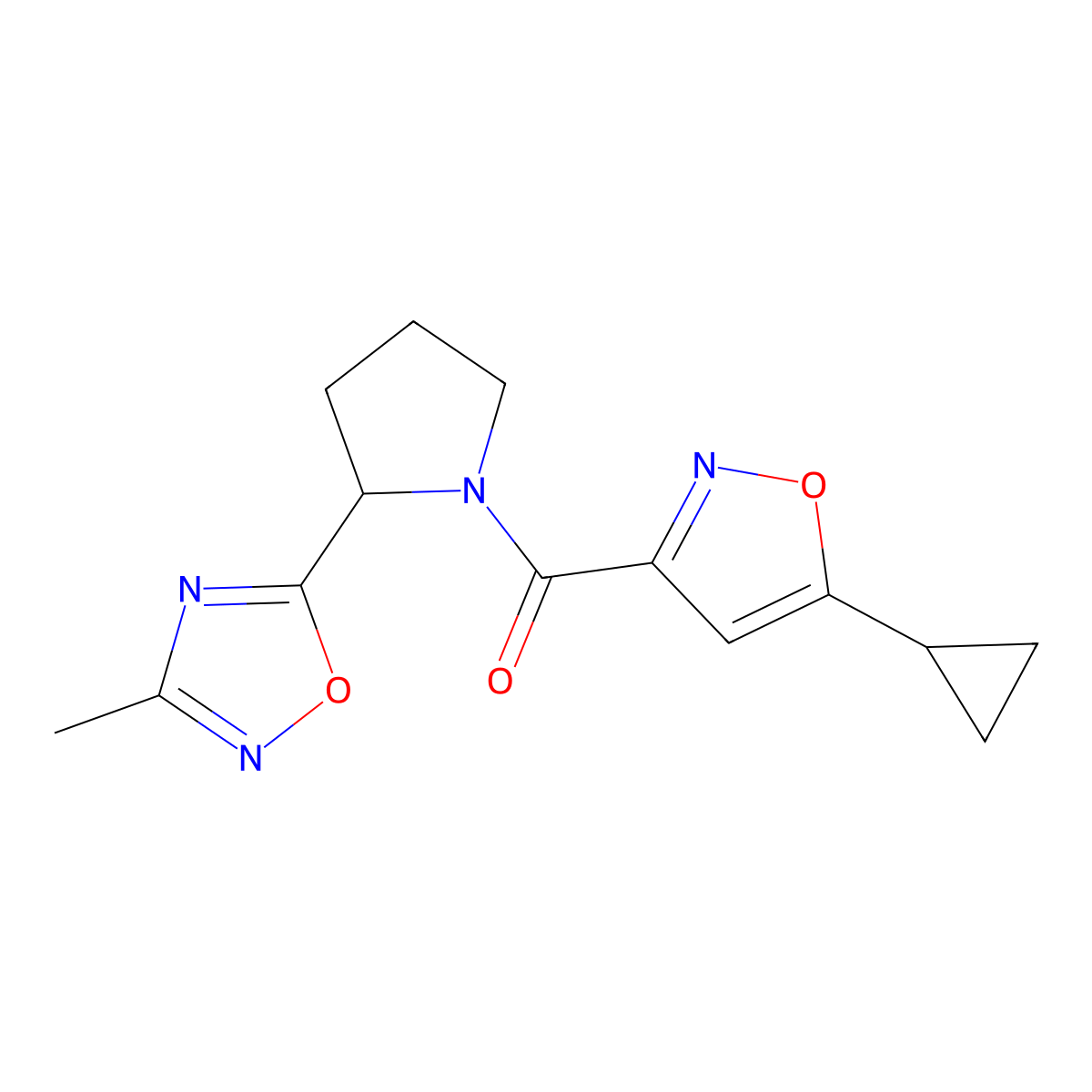 (5-Cyclopropylisoxazol-3-yl)(2-(3-methyl-1,2,4-oxadiazol-5-yl)pyrrolidin-1-yl)methanone molecular structure, CAS 1421525-19-0