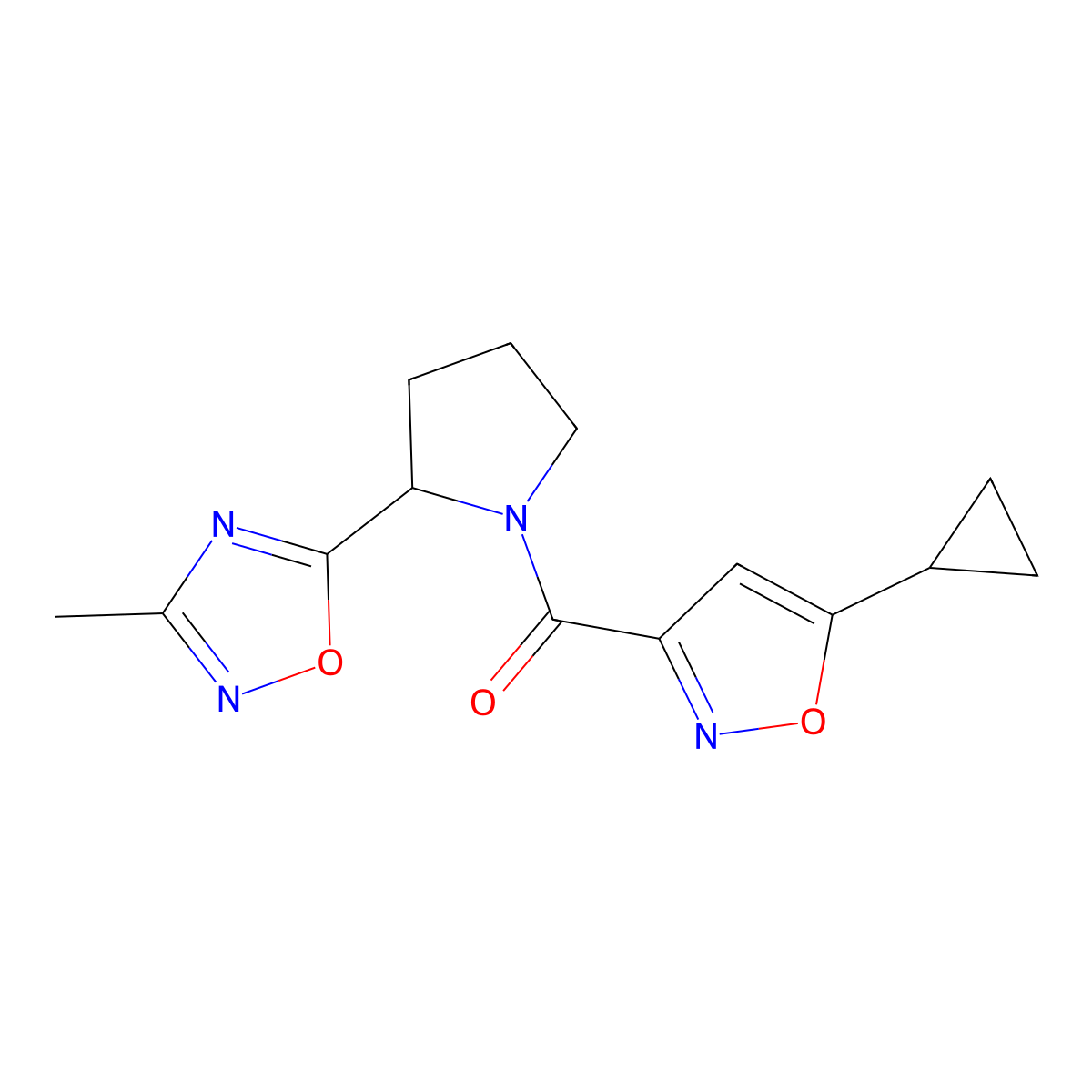 (5-Cyclopropylisoxazol-3-yl)(2-(3-methyl-1,2,4-oxadiazol-5-yl)pyrrolidin-1-yl)methanone molecular structure, CAS 1421525-19-0