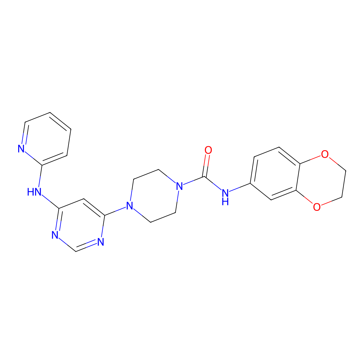 N-(2,3-dihydrobenzo[b][1,4]dioxin-6-yl)-4-(6-(pyridin-2-ylamino)pyrimidin-4-yl)piperazine-1-carboxamide molecular structure, CAS 1421525-24-7