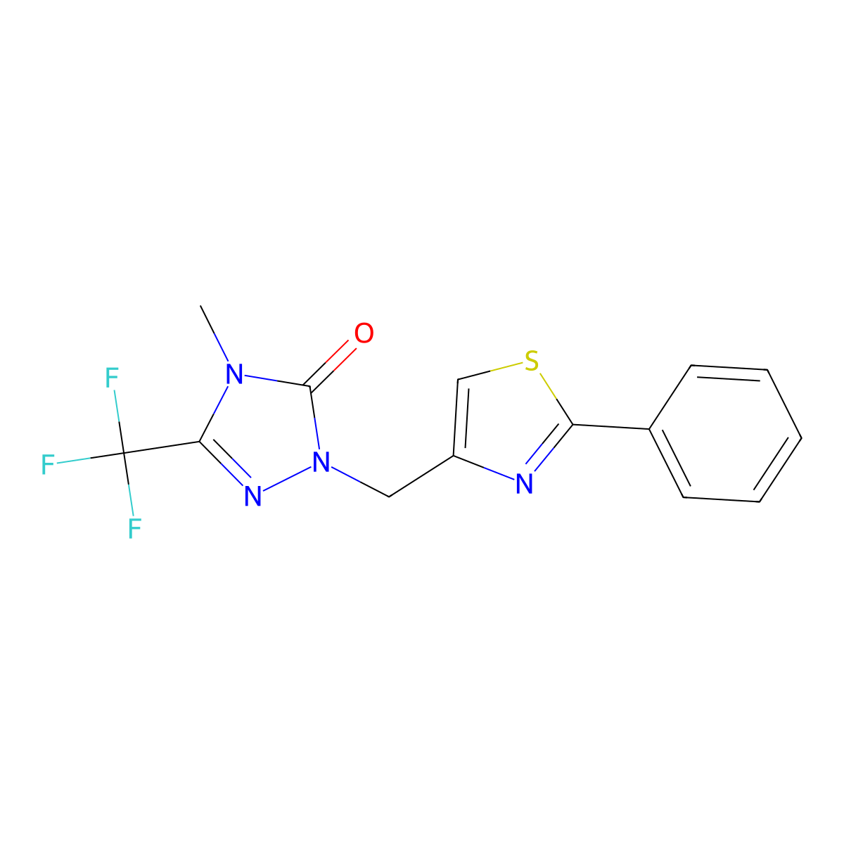 4-methyl-1-((2-phenylthiazol-4-yl)methyl)-3-(trifluoromethyl)-1H-1,2,4-triazol-5(4H)-one molecular structure, CAS 1421525-35-0