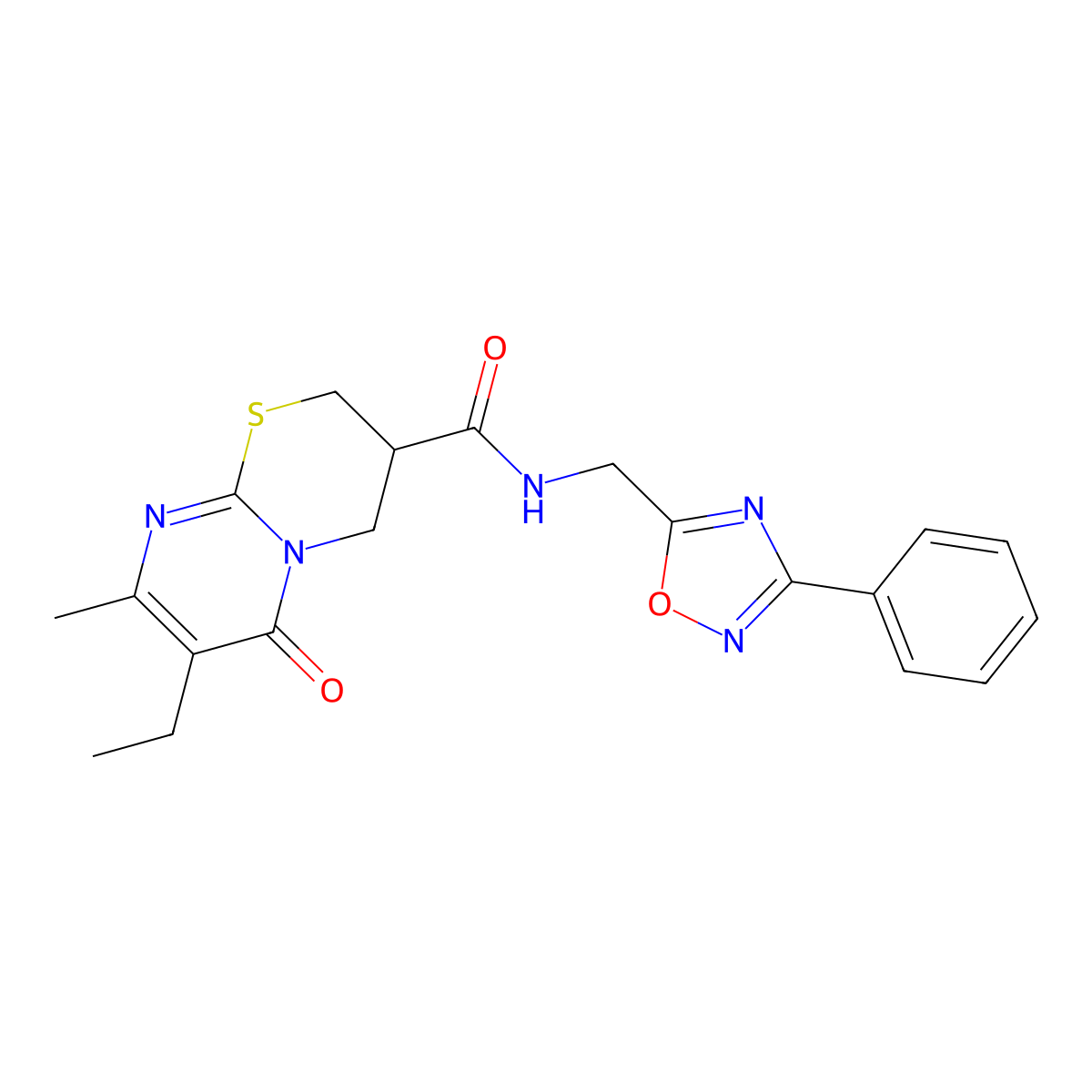 7-ethyl-8-methyl-6-oxo-N-((3-phenyl-1,2,4-oxadiazol-5-yl)methyl)-2,3,4,6-tetrahydropyrimido[2,1-b][1,3]thiazine-3-carboxamide molecular structure, CAS 1421525-39-4