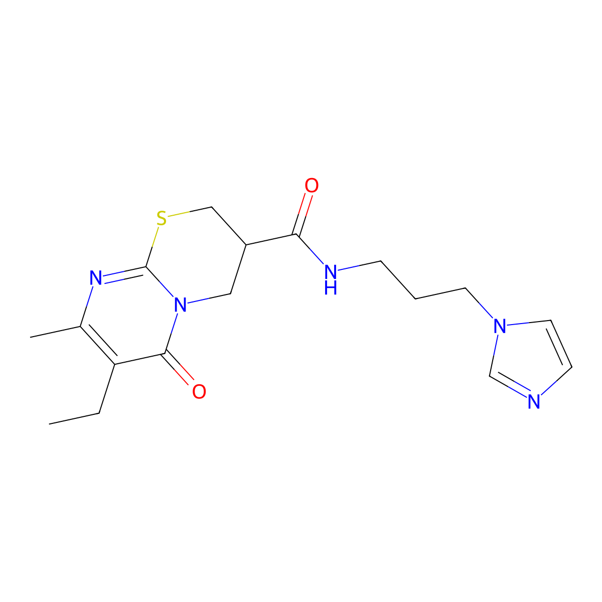N-(3-(1H-imidazol-1-yl)propyl)-7-ethyl-8-methyl-6-oxo-2,3,4,6-tetrahydropyrimido[2,1-b][1,3]thiazine-3-carboxamide molecular structure, CAS 1421525-53-2