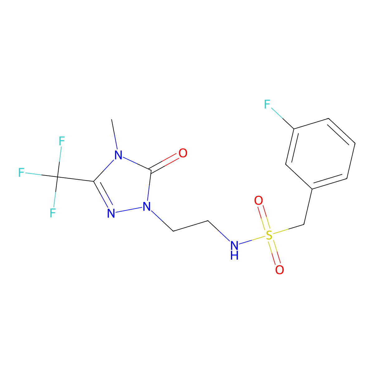 1-(3-fluorophenyl)-N-{2-[4-methyl-5-oxo-3-(trifluoromethyl)-4,5-dihydro-1H-1,2,4-triazol-1-yl]ethyl}methanesulfonamide molecular structure, CAS 1421525-59-8
