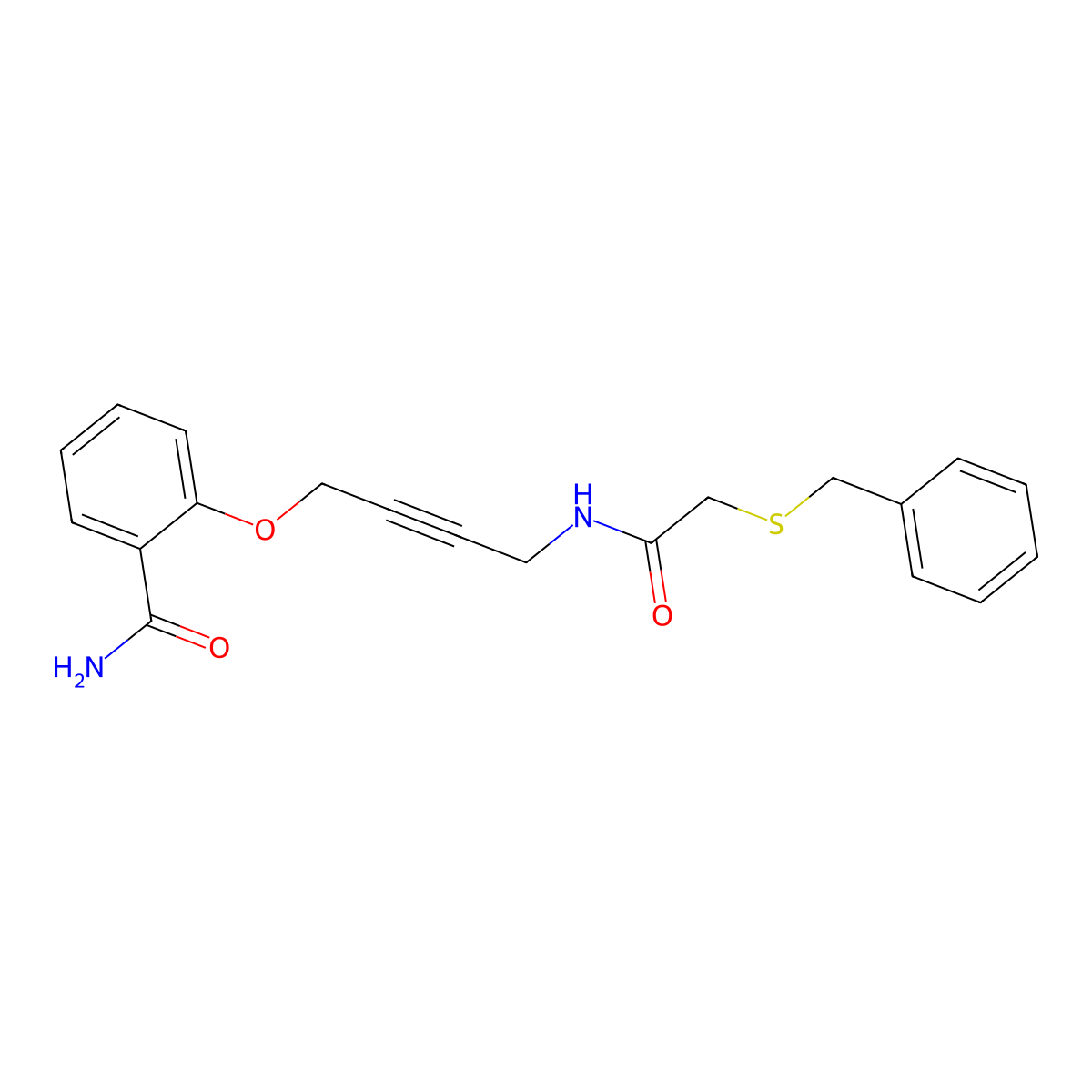 2-((4-(2-(Benzylthio)acetamido)but-2-yn-1-yl)oxy)benzamide molecular structure, CAS 1421525-60-1