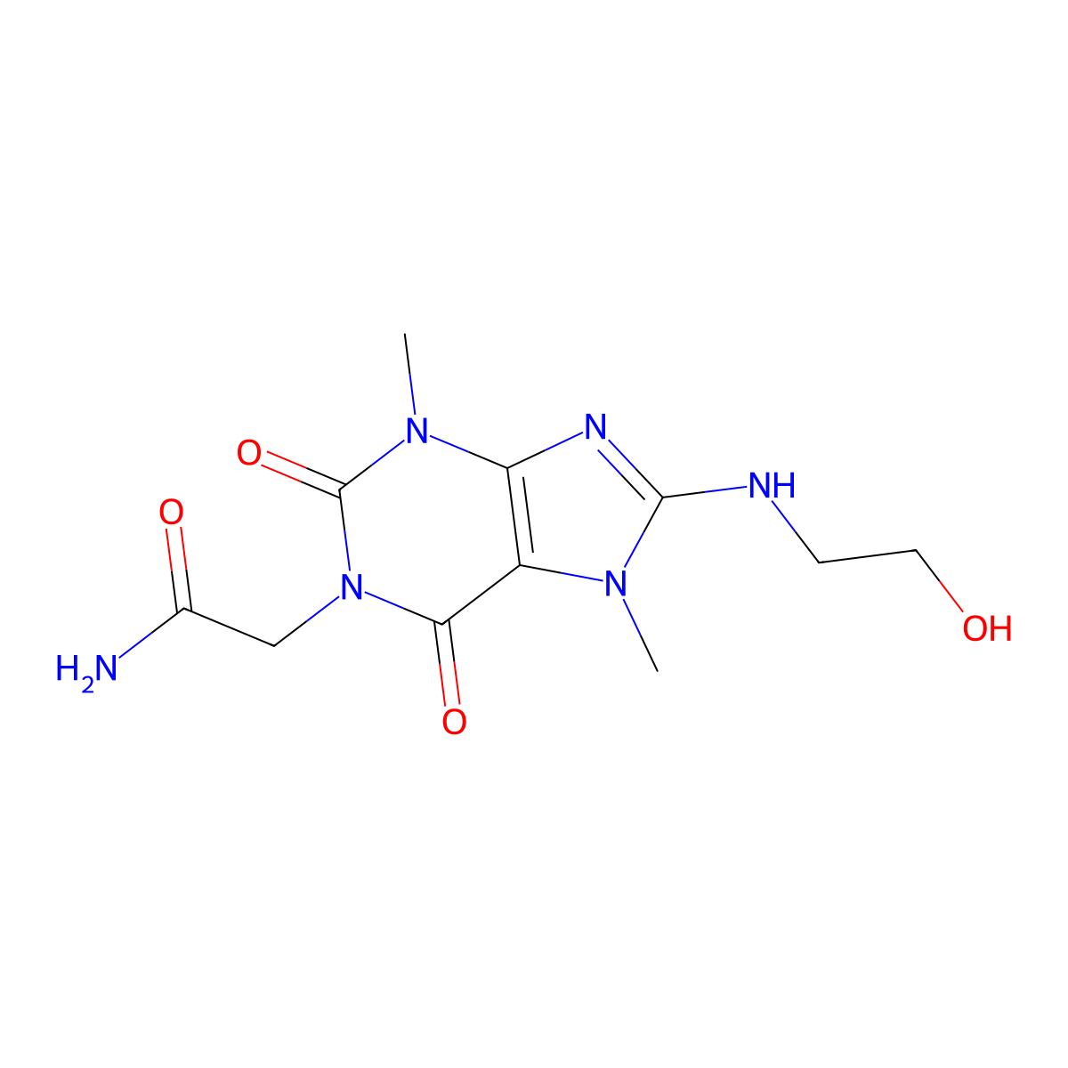 2-(8-((2-hydroxyethyl)amino)-3,7-dimethyl-2,6-dioxo-2,3,6,7-tetrahydro-1H-purin-1-yl)acetamide molecular structure, CAS 1421525-66-7