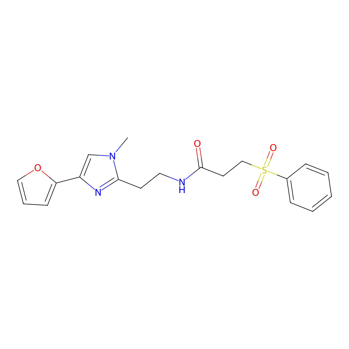 N-(2-(4-(furan-2-yl)-1-methyl-1H-imidazol-2-yl)ethyl)-3-(phenylsulfonyl)propanamide molecular structure, CAS 1421525-68-9