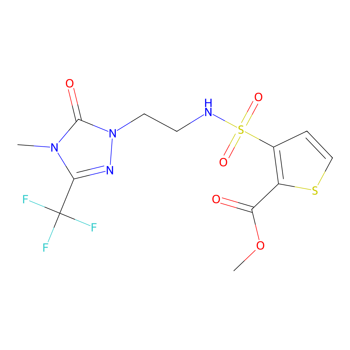 methyl 3-(N-(2-(4-methyl-5-oxo-3-(trifluoromethyl)-4,5-dihydro-1H-1,2,4-triazol-1-yl)ethyl)sulfamoyl)thiophene-2-carboxylate molecular structure, CAS 1421525-73-6