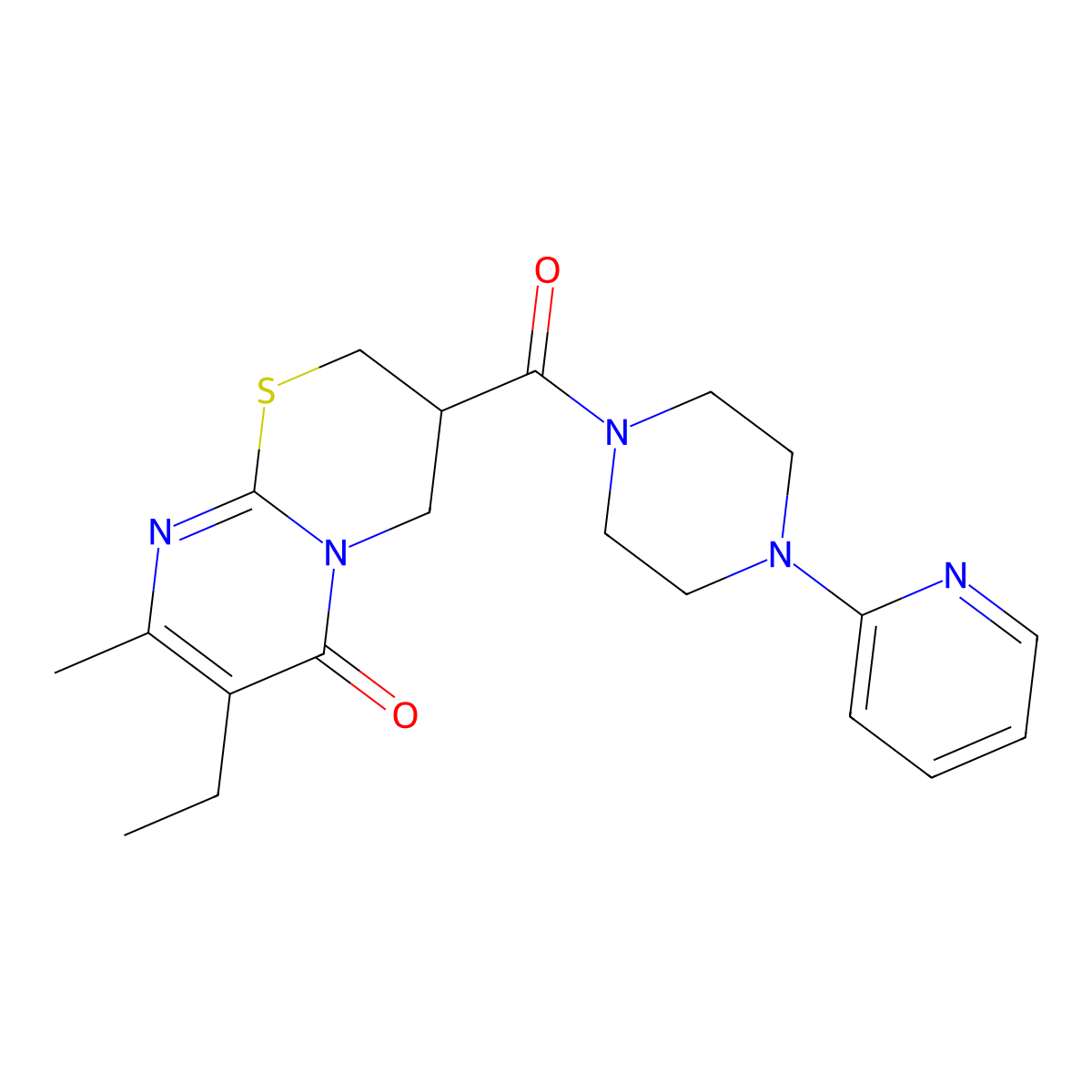 7-ethyl-8-methyl-3-(4-(pyridin-2-yl)piperazine-1-carbonyl)-3,4-dihydropyrimido[2,1-b][1,3]thiazin-6(2H)-one molecular structure, CAS 1421525-75-8