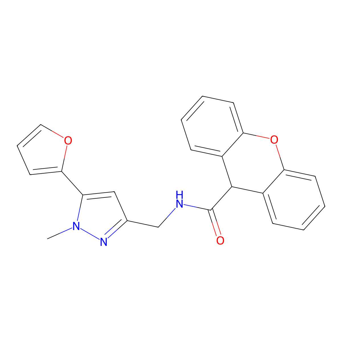 N-((5-(furan-2-yl)-1-methyl-1H-pyrazol-3-yl)methyl)-9H-xanthene-9-carboxamide molecular structure, CAS 1421525-76-9