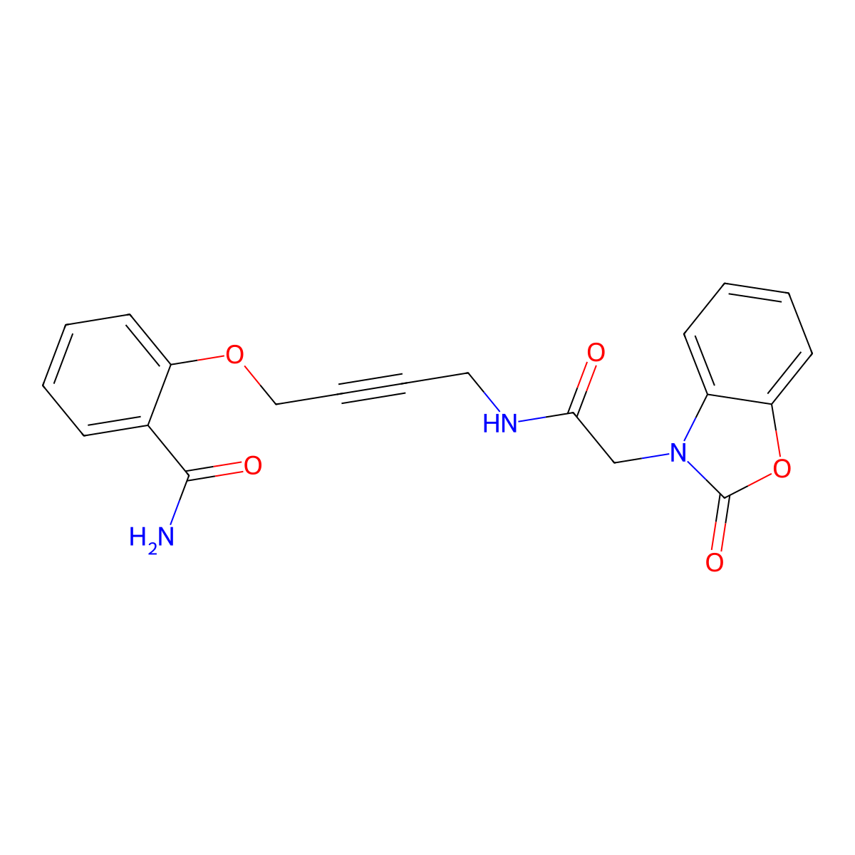 2-((4-(2-(2-oxobenzo[d]oxazol-3(2H)-yl)acetamido)but-2-yn-1-yl)oxy)benzamide molecular structure, CAS 1421525-78-1