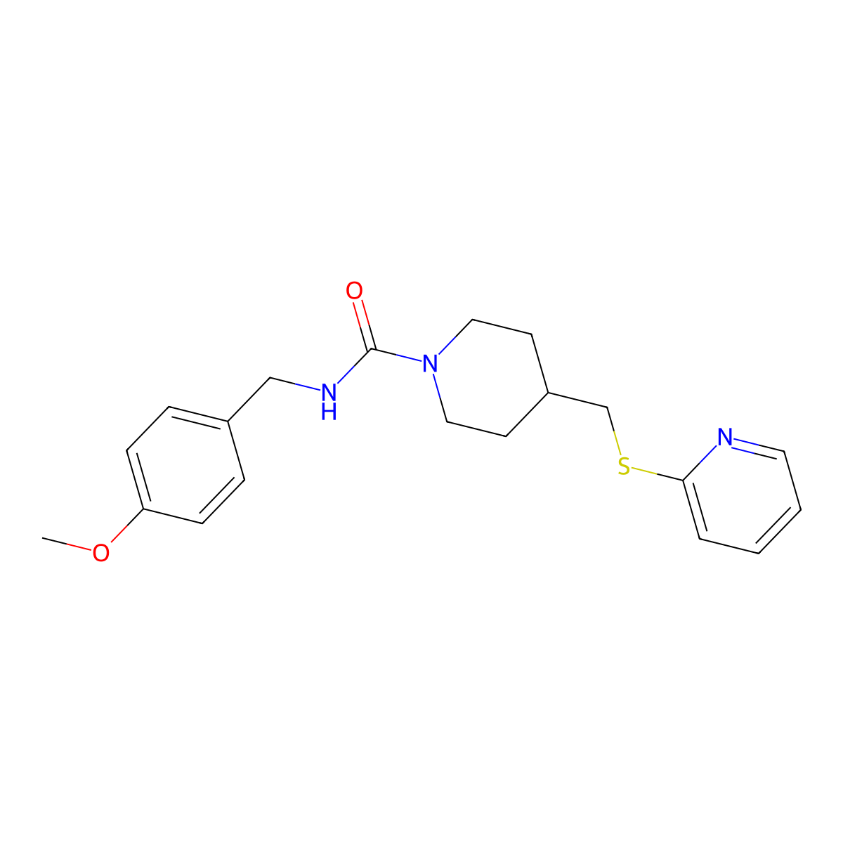 N-(4-methoxybenzyl)-4-((pyridin-2-ylthio)methyl)piperidine-1-carboxamide molecular structure, CAS 1421525-82-7