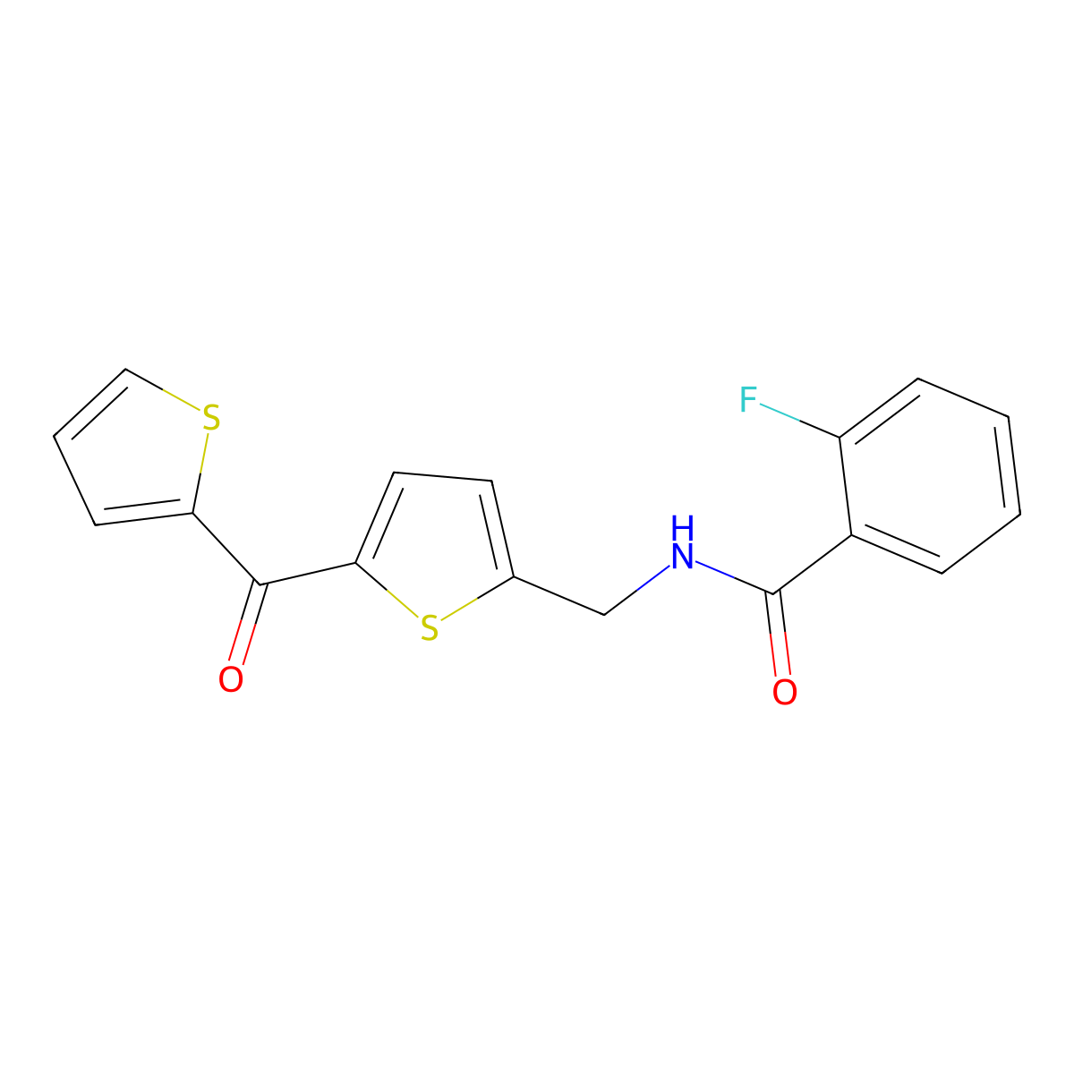 2-fluoro-N-((5-(thiophene-2-carbonyl)thiophen-2-yl)methyl)benzamide molecular structure, CAS 1421525-86-1