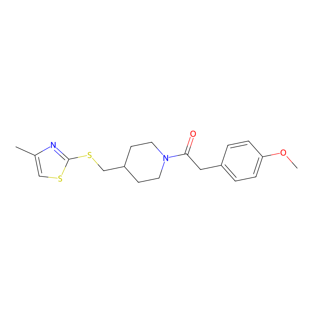2-(4-Methoxyphenyl)-1-(4-(((4-methylthiazol-2-yl)thio)methyl)piperidin-1-yl)ethanone molecular structure, CAS 1421525-87-2