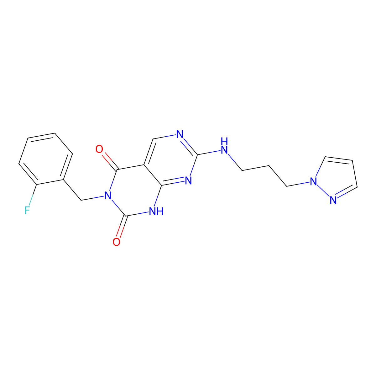 3-(2-fluorobenzyl)-7-{[3-(1H-pyrazol-1-yl)propyl]amino}pyrimido[4,5-d]pyrimidine-2,4(1H,3H)-dione molecular structure, CAS 1421525-89-4