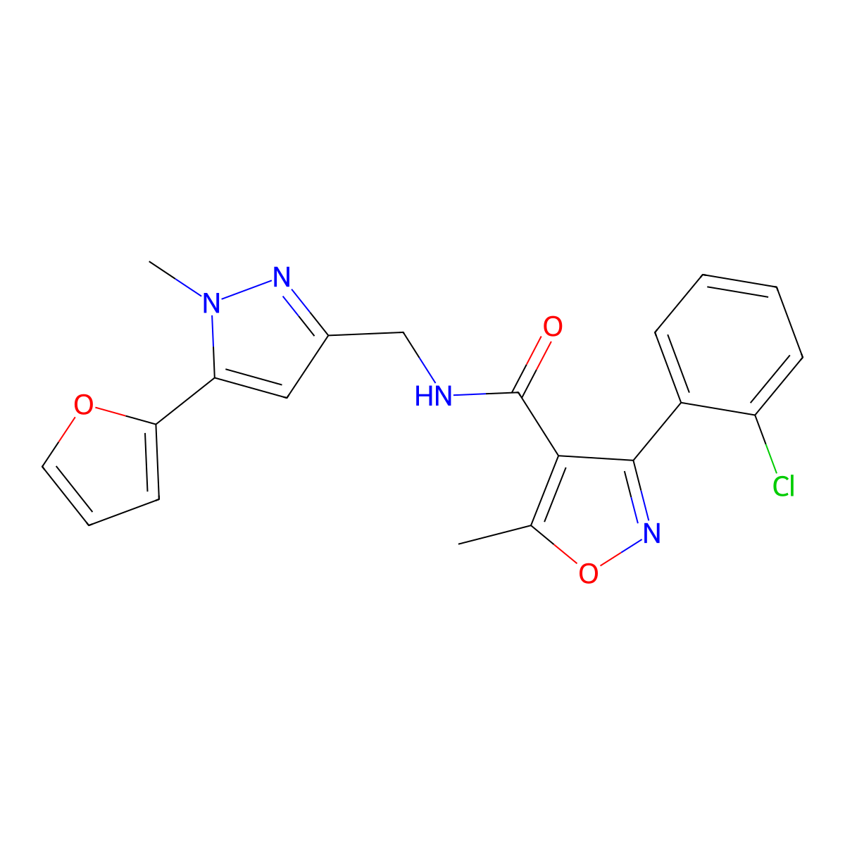 3-(2-chlorophenyl)-N-((5-(furan-2-yl)-1-methyl-1H-pyrazol-3-yl)methyl)-5-methylisoxazole-4-carboxamide molecular structure, CAS 1421525-90-7