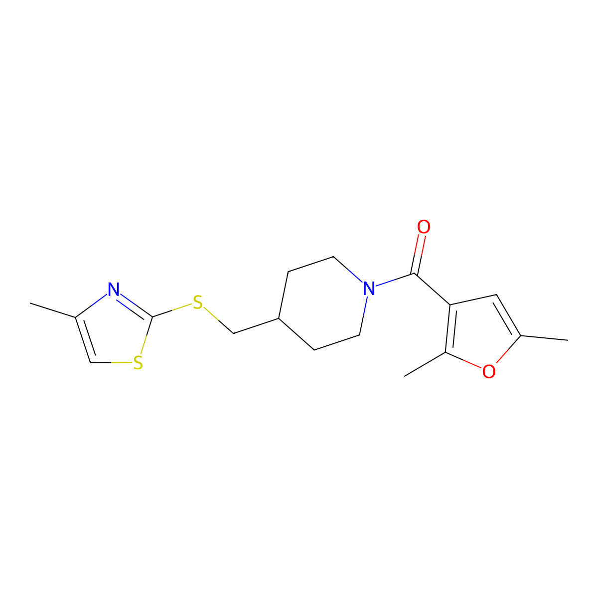 (2,5-Dimethylfuran-3-yl)(4-(((4-methylthiazol-2-yl)thio)methyl)piperidin-1-yl)methanone molecular structure, CAS 1421525-92-9