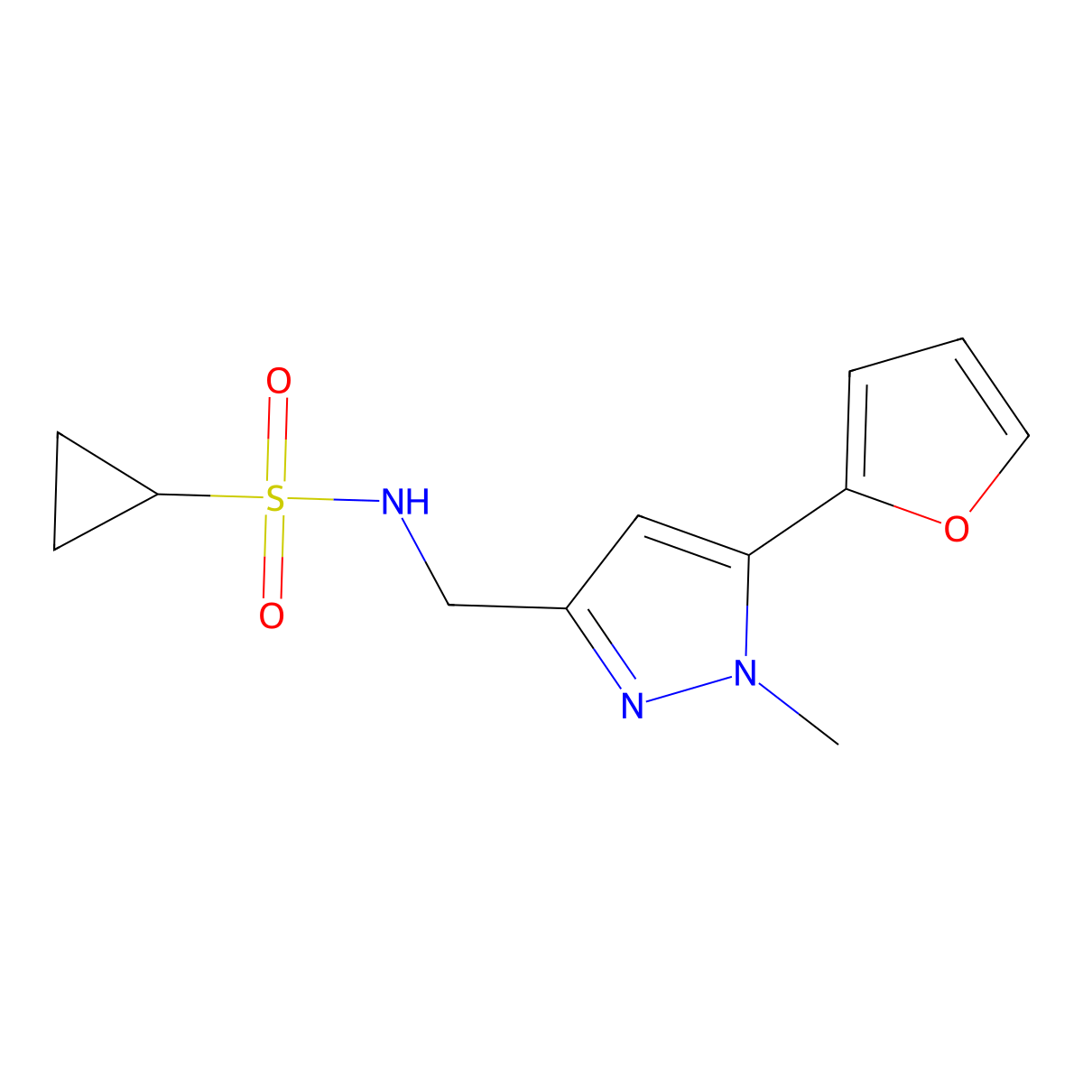 N-{[5-(furan-2-yl)-1-methyl-1H-pyrazol-3-yl]methyl}cyclopropanesulfonamide molecular structure, CAS 1421525-96-3