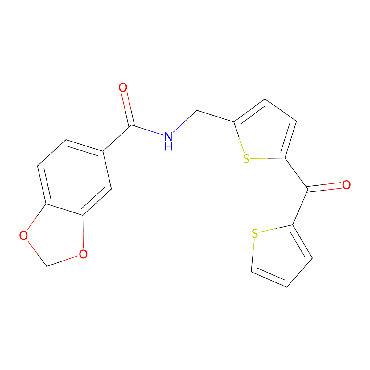 N-((5-(thiophene-2-carbonyl)thiophen-2-yl)methyl)benzo[d][1,3]dioxole-5-carboxamide molecular structure, CAS 1421526-01-3