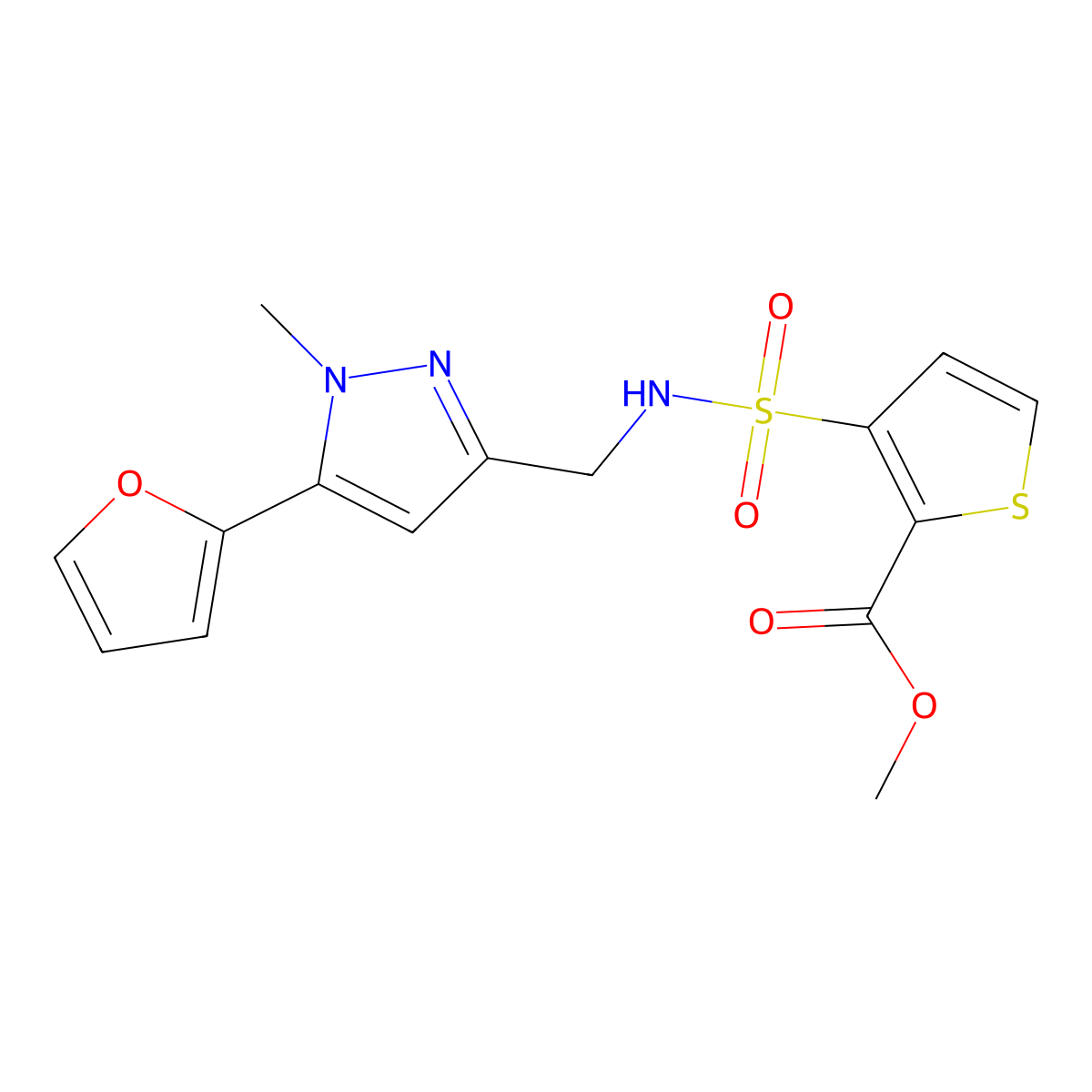 methyl 3-(N-((5-(furan-2-yl)-1-methyl-1H-pyrazol-3-yl)methyl)sulfamoyl)thiophene-2-carboxylate molecular structure, CAS 1421526-06-8