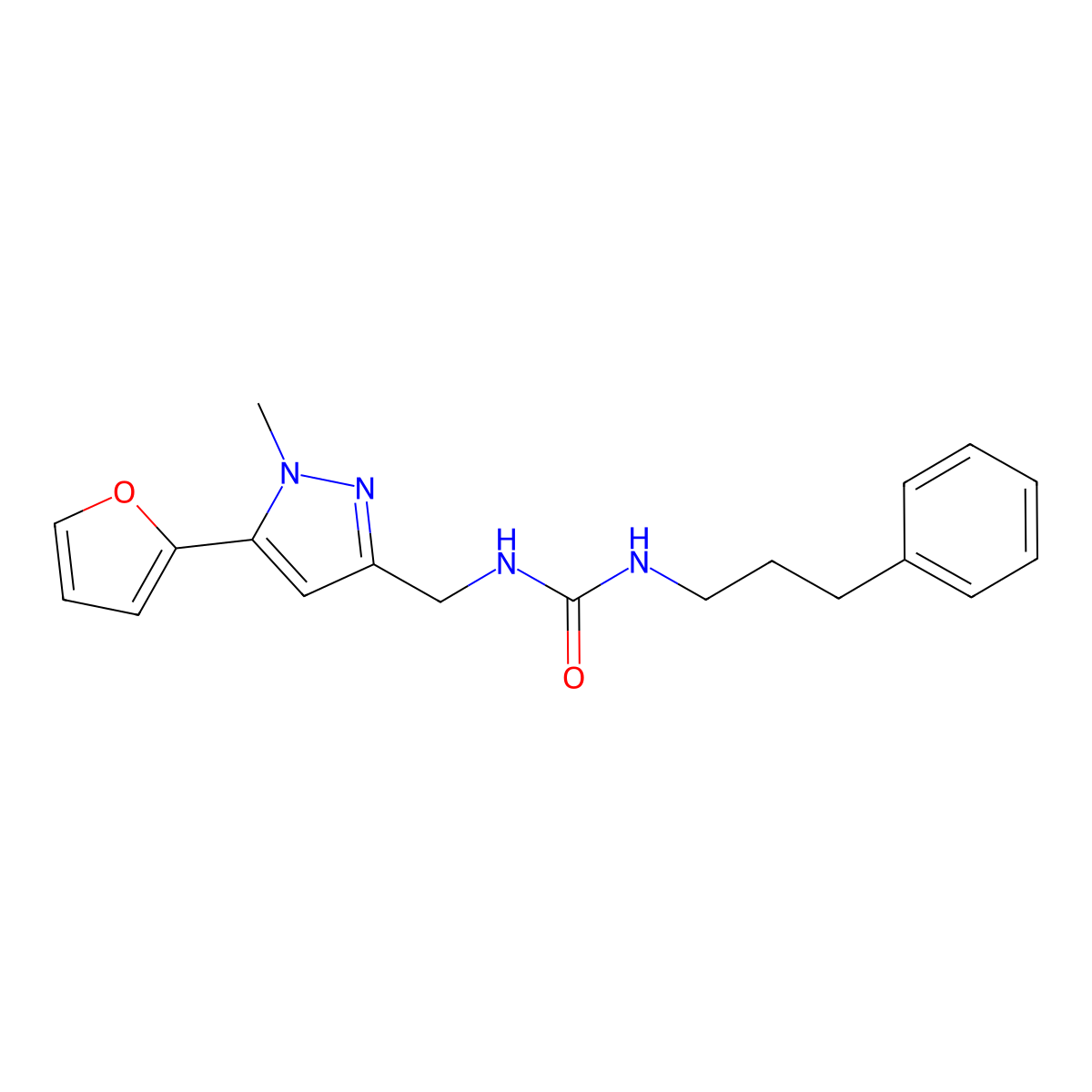 1-((5-(furan-2-yl)-1-methyl-1H-pyrazol-3-yl)methyl)-3-(3-phenylpropyl)urea molecular structure, CAS 1421526-14-8