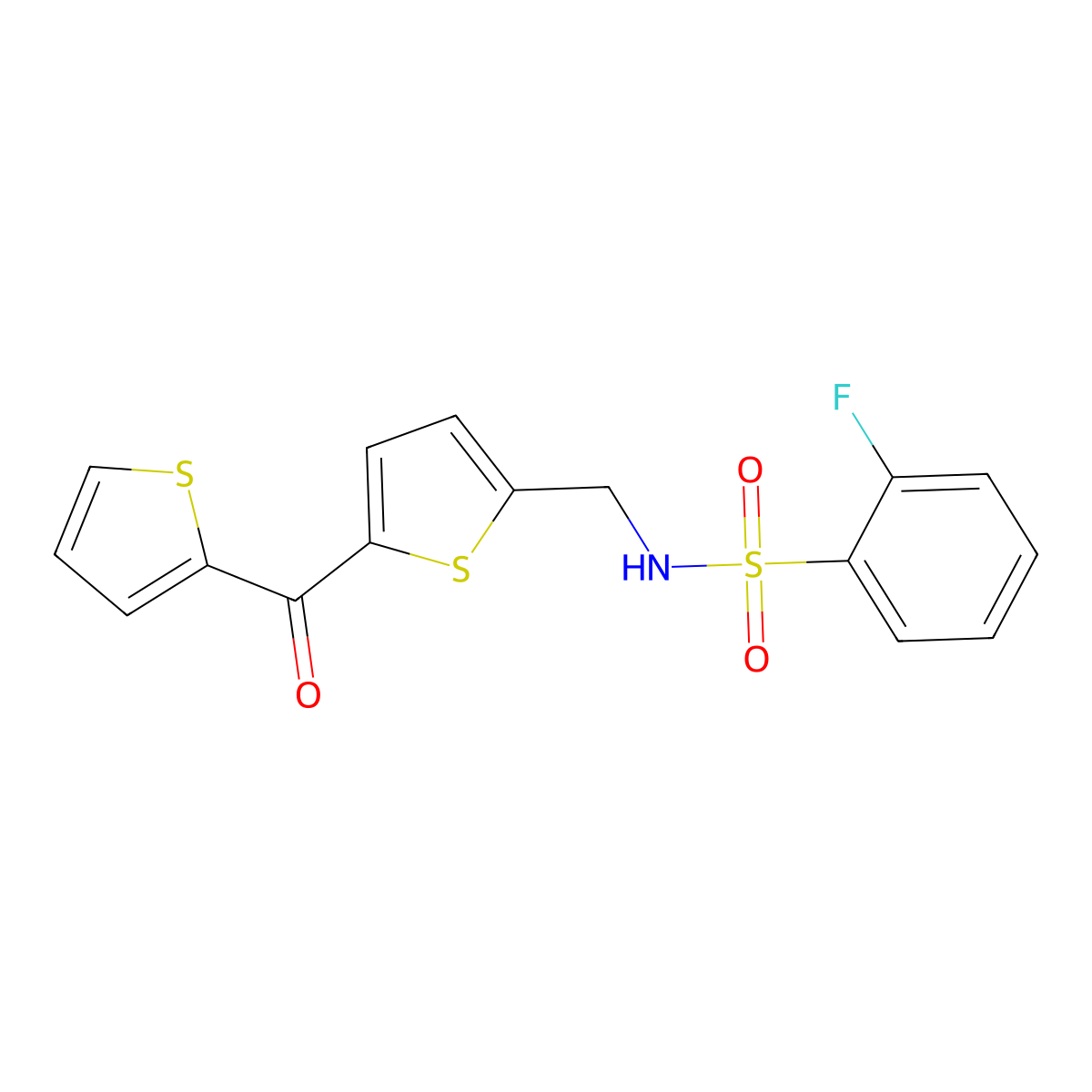 2-fluoro-N-((5-(thiophene-2-carbonyl)thiophen-2-yl)methyl)benzenesulfonamide molecular structure, CAS 1421526-16-0