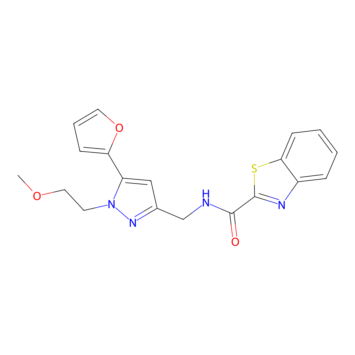 N-((5-(furan-2-yl)-1-(2-methoxyethyl)-1H-pyrazol-3-yl)methyl)benzo[d]thiazole-2-carboxamide molecular structure, CAS 1421526-21-7