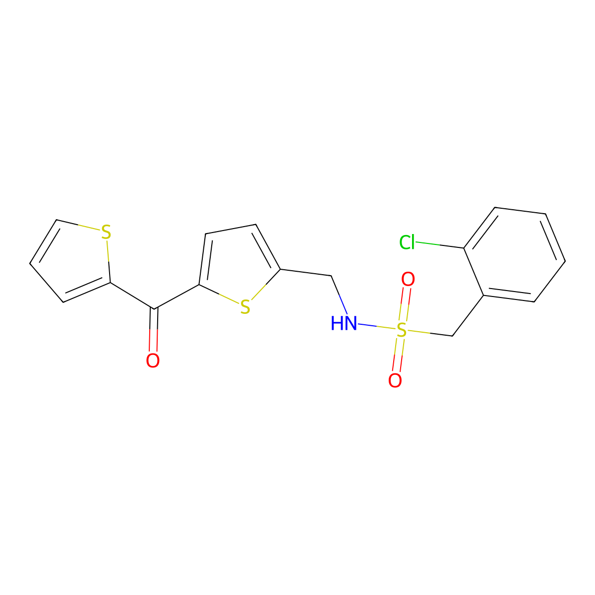 1-(2-chlorophenyl)-N-((5-(thiophene-2-carbonyl)thiophen-2-yl)methyl)methanesulfonamide molecular structure, CAS 1421526-26-2