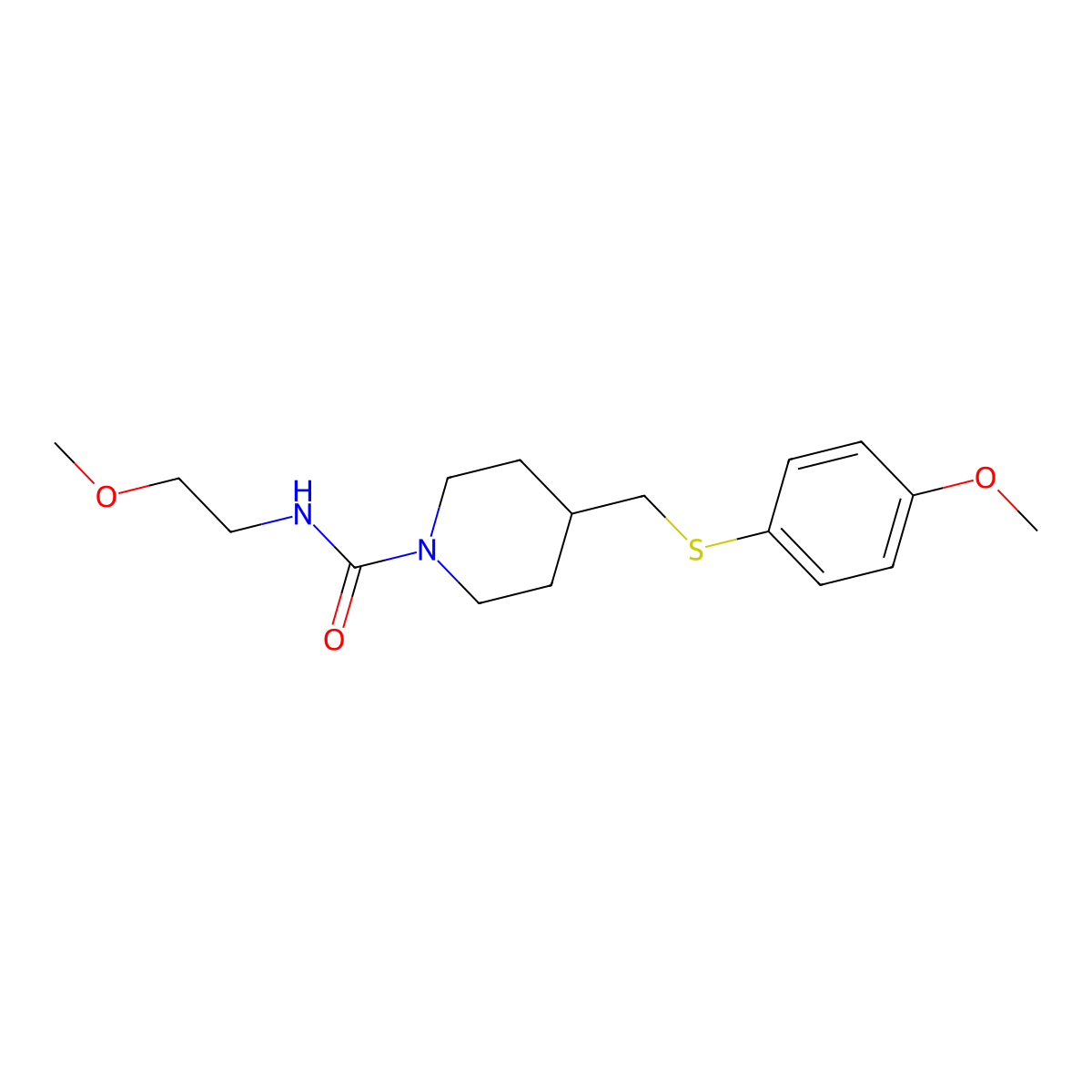 N-(2-methoxyethyl)-4-(((4-methoxyphenyl)thio)methyl)piperidine-1-carboxamide molecular structure, CAS 1421526-29-5