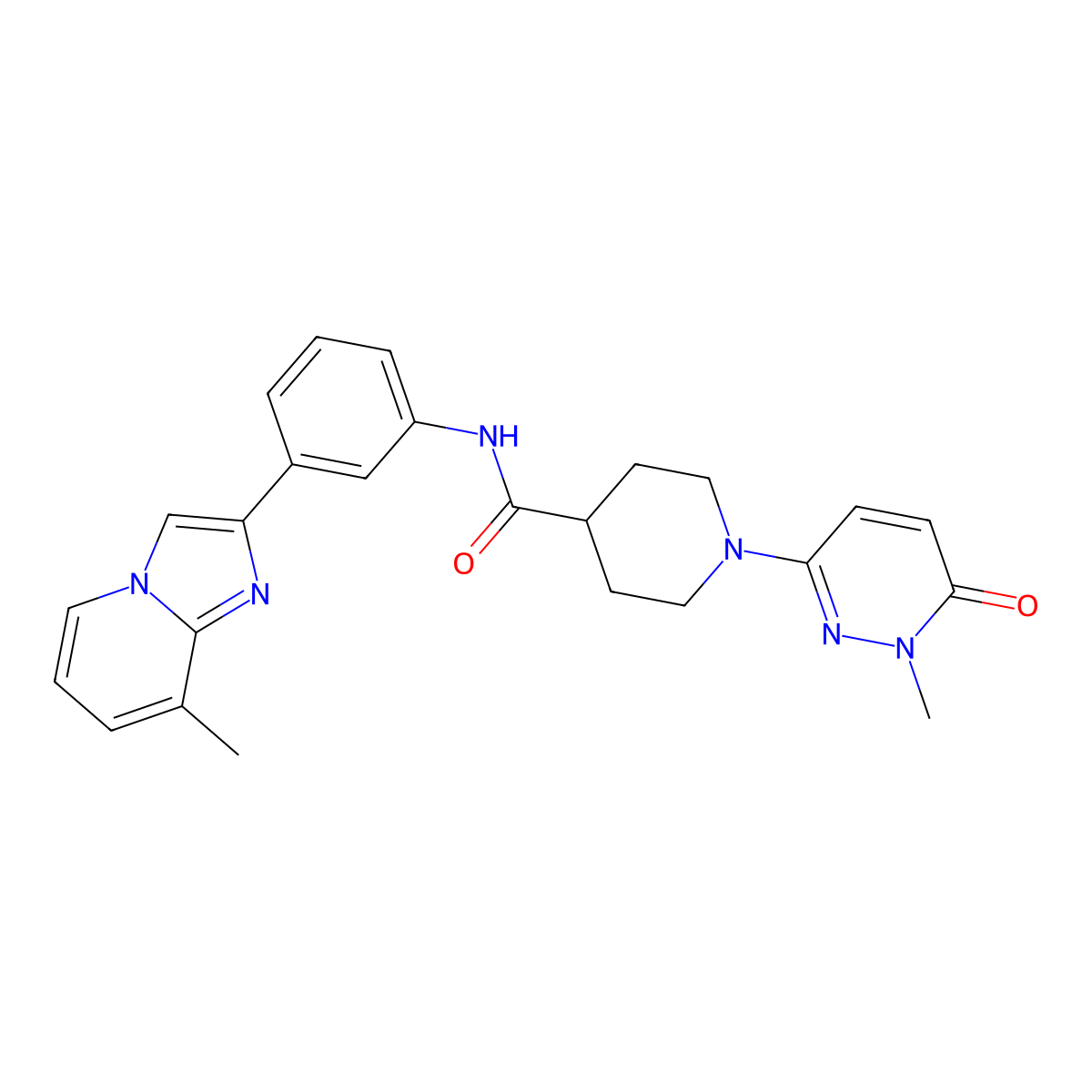1-(1-methyl-6-oxo-1,6-dihydropyridazin-3-yl)-N-(3-{8-methylimidazo[1,2-a]pyridin-2-yl}phenyl)piperidine-4-carboxamide molecular structure, CAS 1421526-34-2