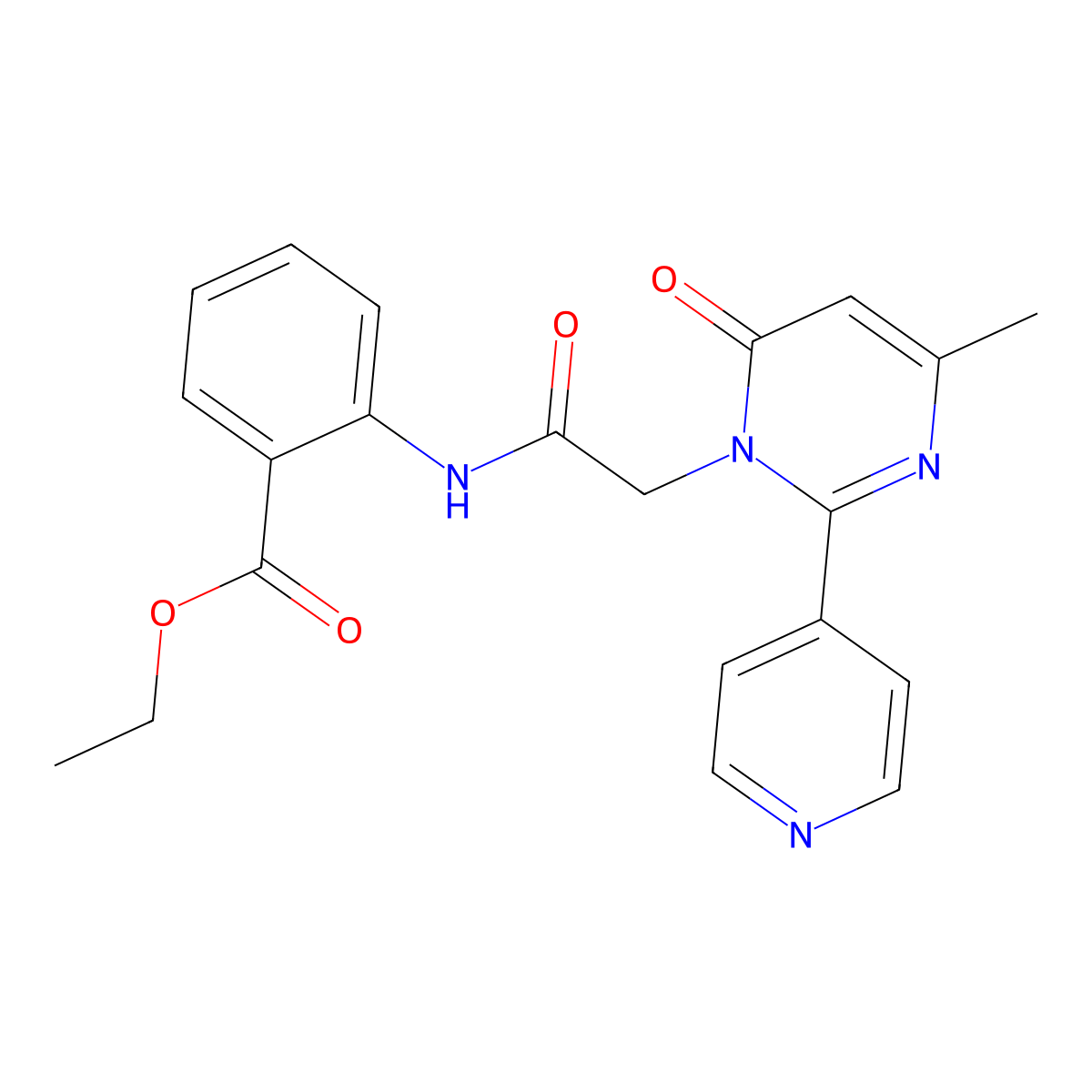 ethyl 2-(2-(4-methyl-6-oxo-2-(pyridin-4-yl)pyrimidin-1(6H)-yl)acetamido)benzoate molecular structure, CAS 1421526-36-4