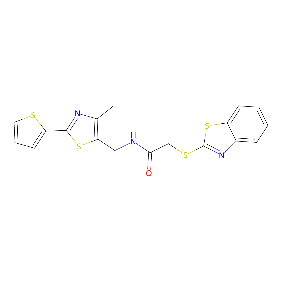 2-(benzo[d]thiazol-2-ylthio)-N-((4-methyl-2-(thiophen-2-yl)thiazol-5-yl)methyl)acetamide molecular structure, CAS 1421526-51-3
