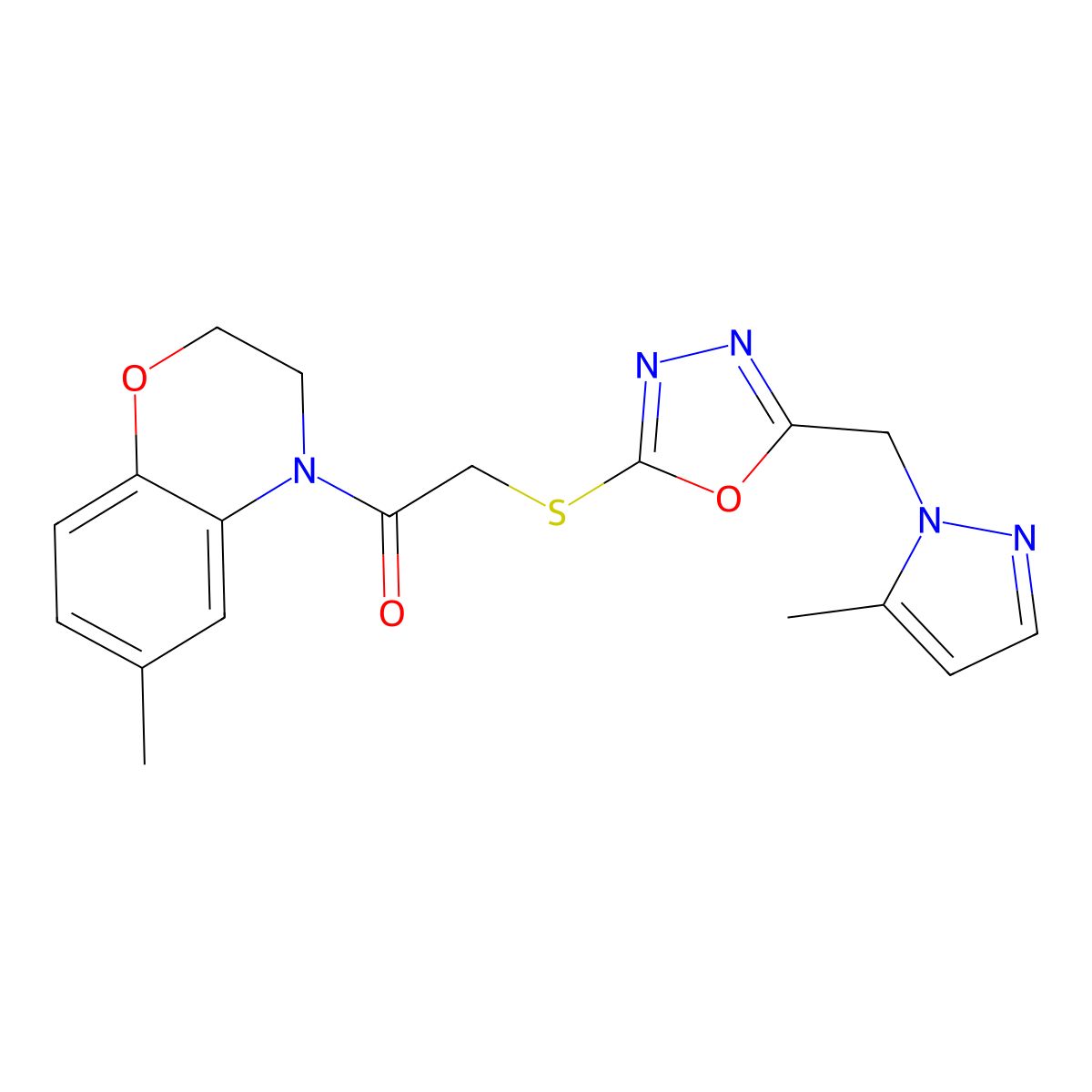 2-((5-((5-methyl-1H-pyrazol-1-yl)methyl)-1,3,4-oxadiazol-2-yl)thio)-1-(6-methyl-2H-benzo[b][1,4]oxazin-4(3H)-yl)ethanone molecular structure, CAS 1421526-54-6