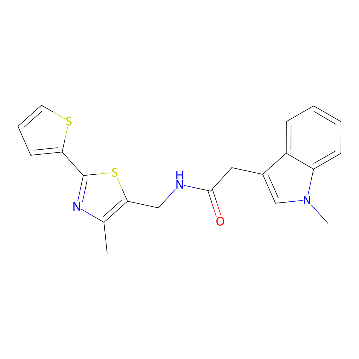 2-(1-methyl-1H-indol-3-yl)-N-((4-methyl-2-(thiophen-2-yl)thiazol-5-yl)methyl)acetamide molecular structure, CAS 1421526-60-4
