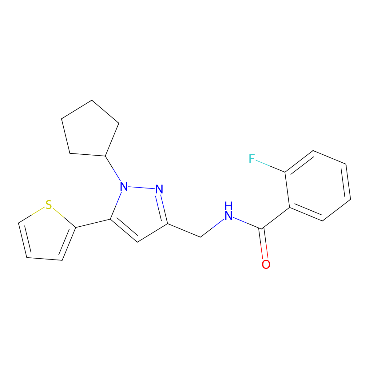 N-((1-cyclopentyl-5-(thiophen-2-yl)-1H-pyrazol-3-yl)methyl)-2-fluorobenzamide molecular structure, CAS 1421526-62-6