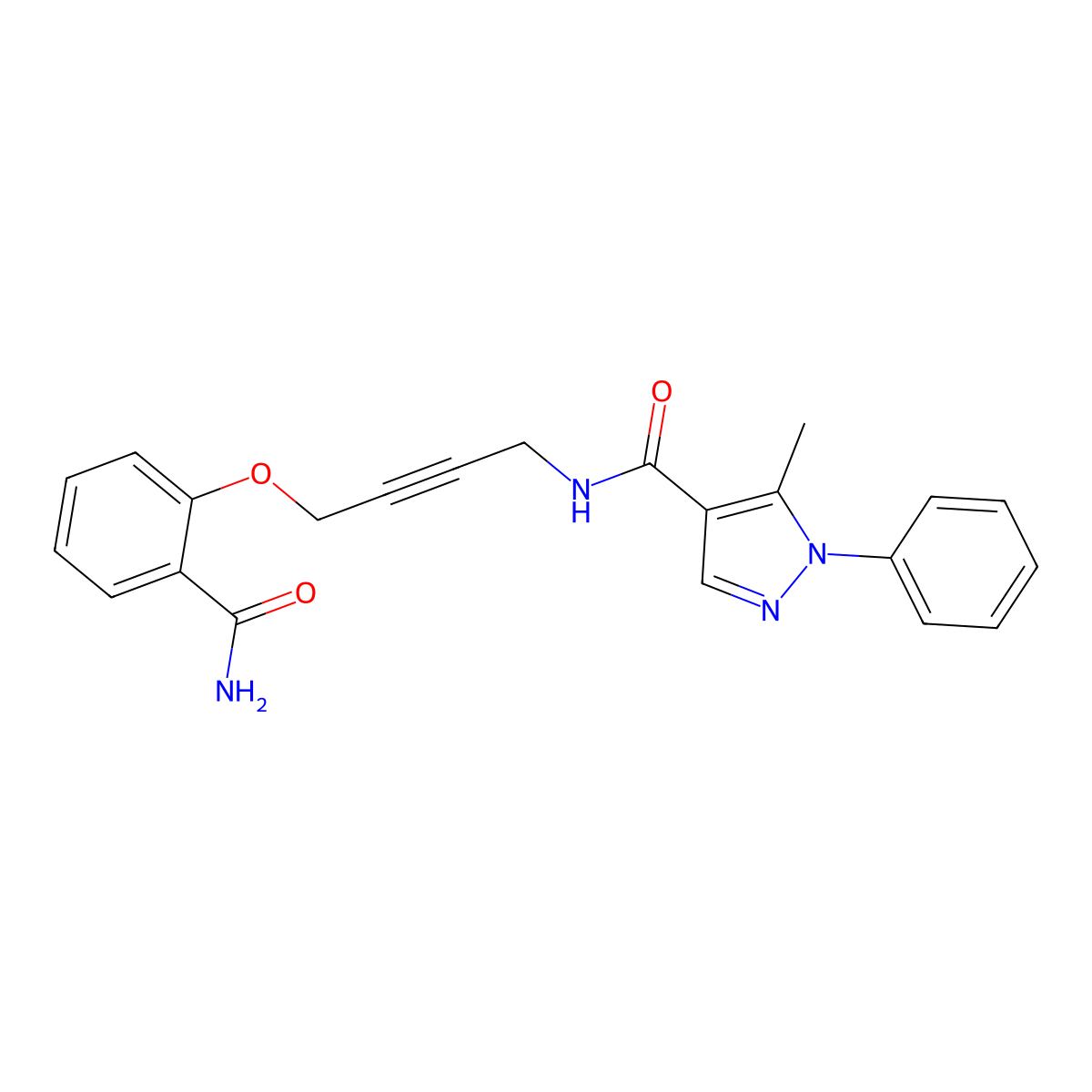 N-(4-(2-carbamoylphenoxy)but-2-yn-1-yl)-5-methyl-1-phenyl-1H-pyrazole-4-carboxamide molecular structure, CAS 1421526-70-6