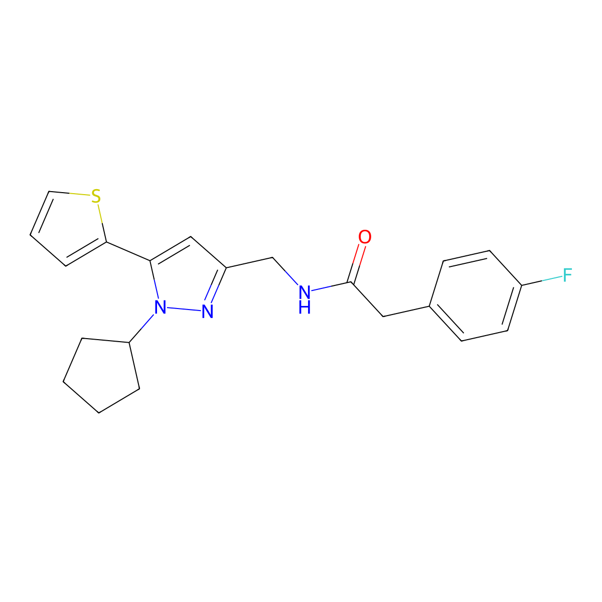 N-((1-cyclopentyl-5-(thiophen-2-yl)-1H-pyrazol-3-yl)methyl)-2-(4-fluorophenyl)acetamide molecular structure, CAS 1421526-71-7