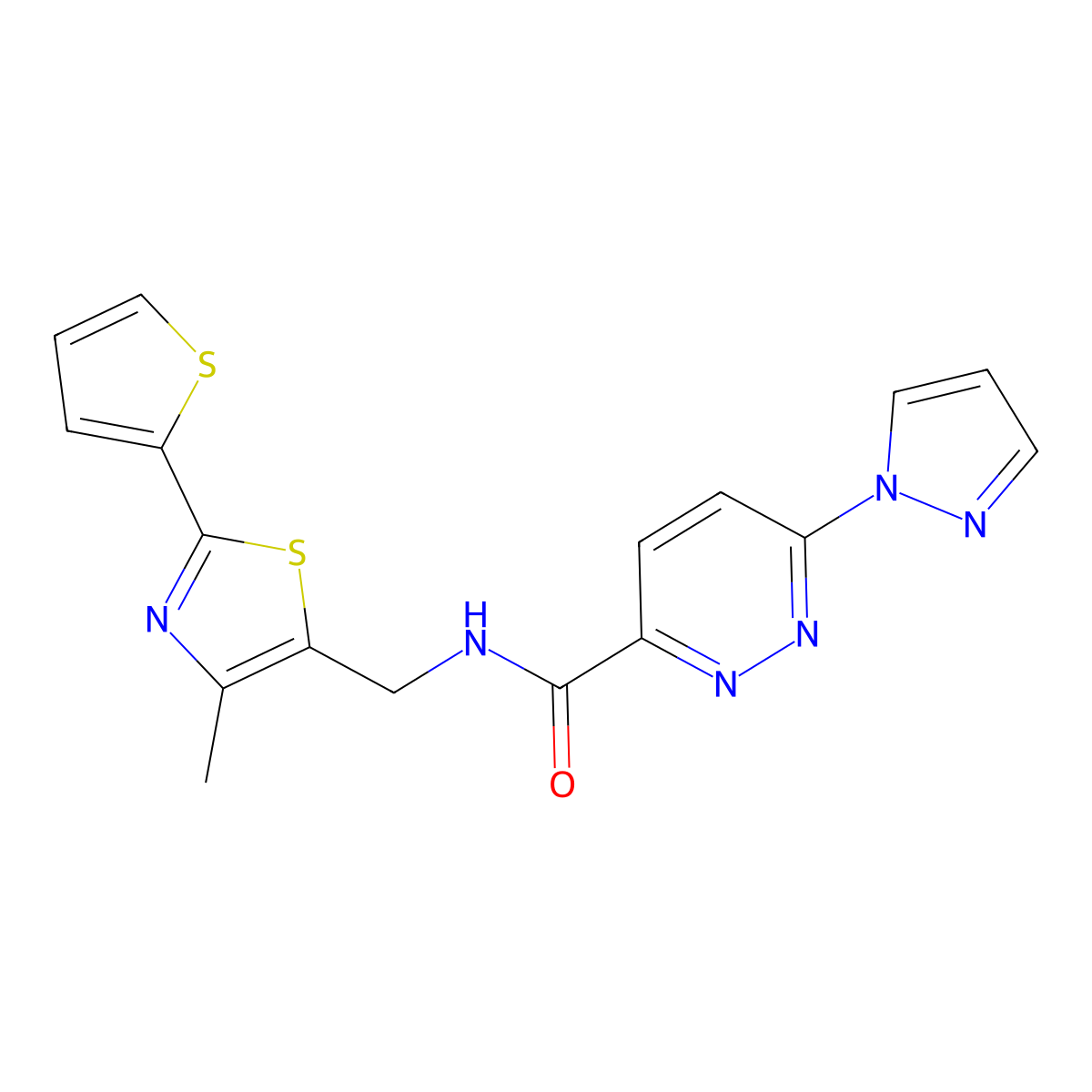 N-((4-methyl-2-(thiophen-2-yl)thiazol-5-yl)methyl)-6-(1H-pyrazol-1-yl)pyridazine-3-carboxamide molecular structure, CAS 1421526-74-0
