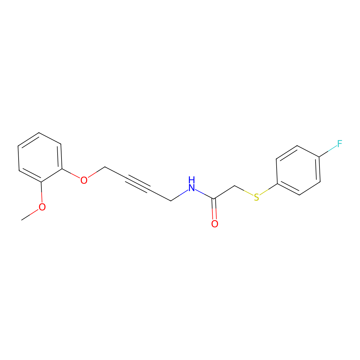 2-((4-fluorophenyl)thio)-N-(4-(2-methoxyphenoxy)but-2-yn-1-yl)acetamide molecular structure, CAS 1421526-75-1