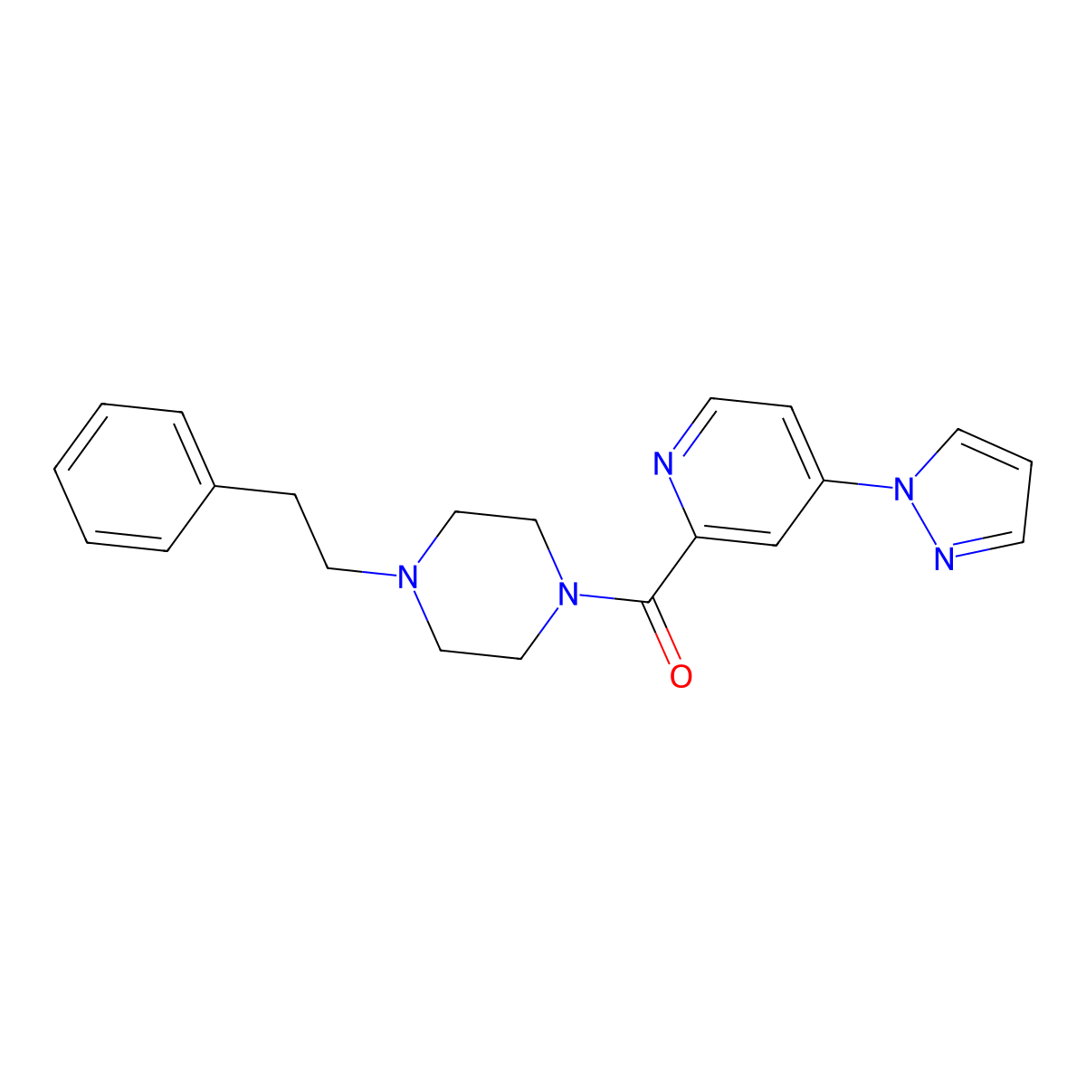 (4-(1H-pyrazol-1-yl)pyridin-2-yl)(4-phenethylpiperazin-1-yl)methanone molecular structure, CAS 1421526-80-8