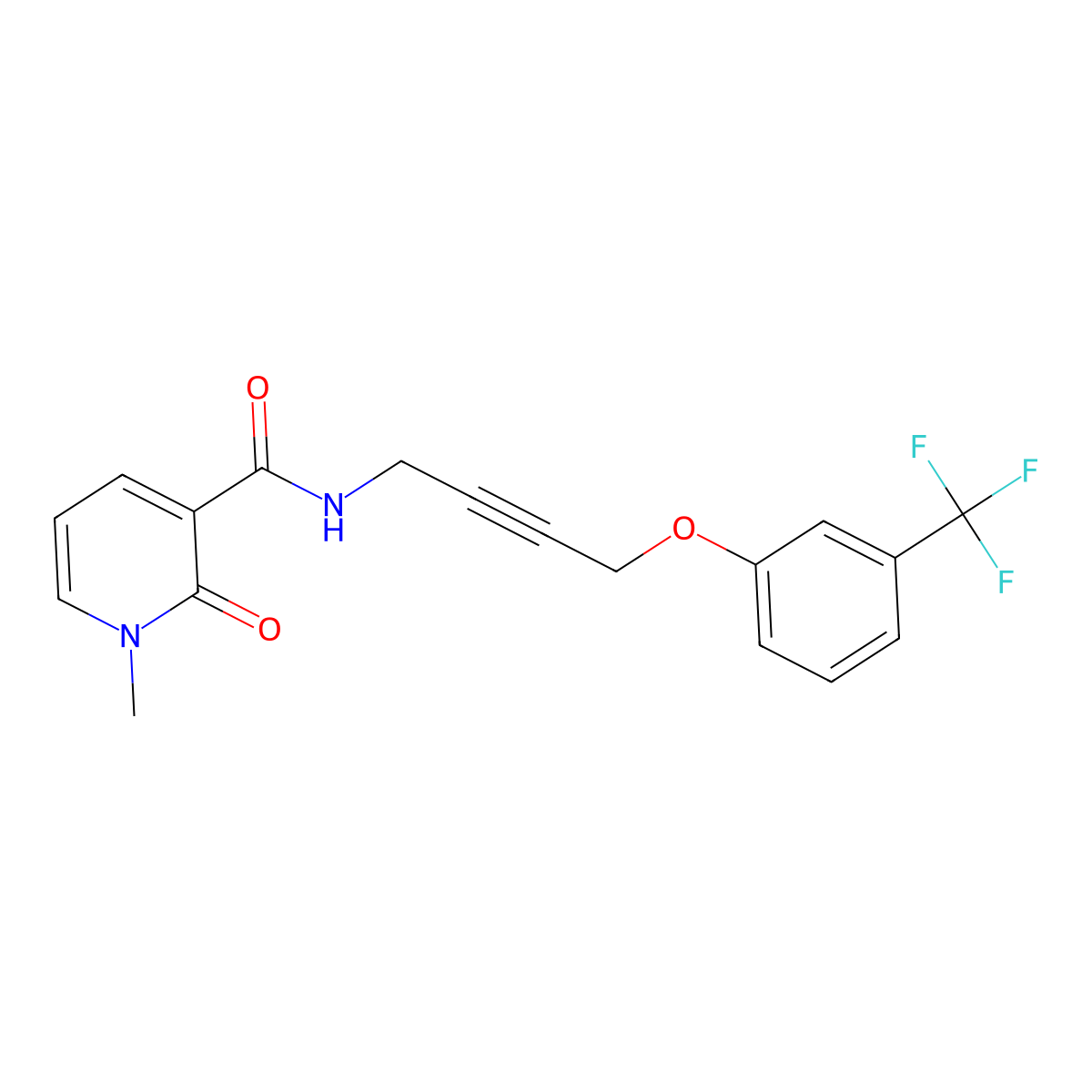 1-methyl-2-oxo-N-{4-[3-(trifluoromethyl)phenoxy]but-2-yn-1-yl}-1,2-dihydropyridine-3-carboxamide molecular structure, CAS 1421526-85-3