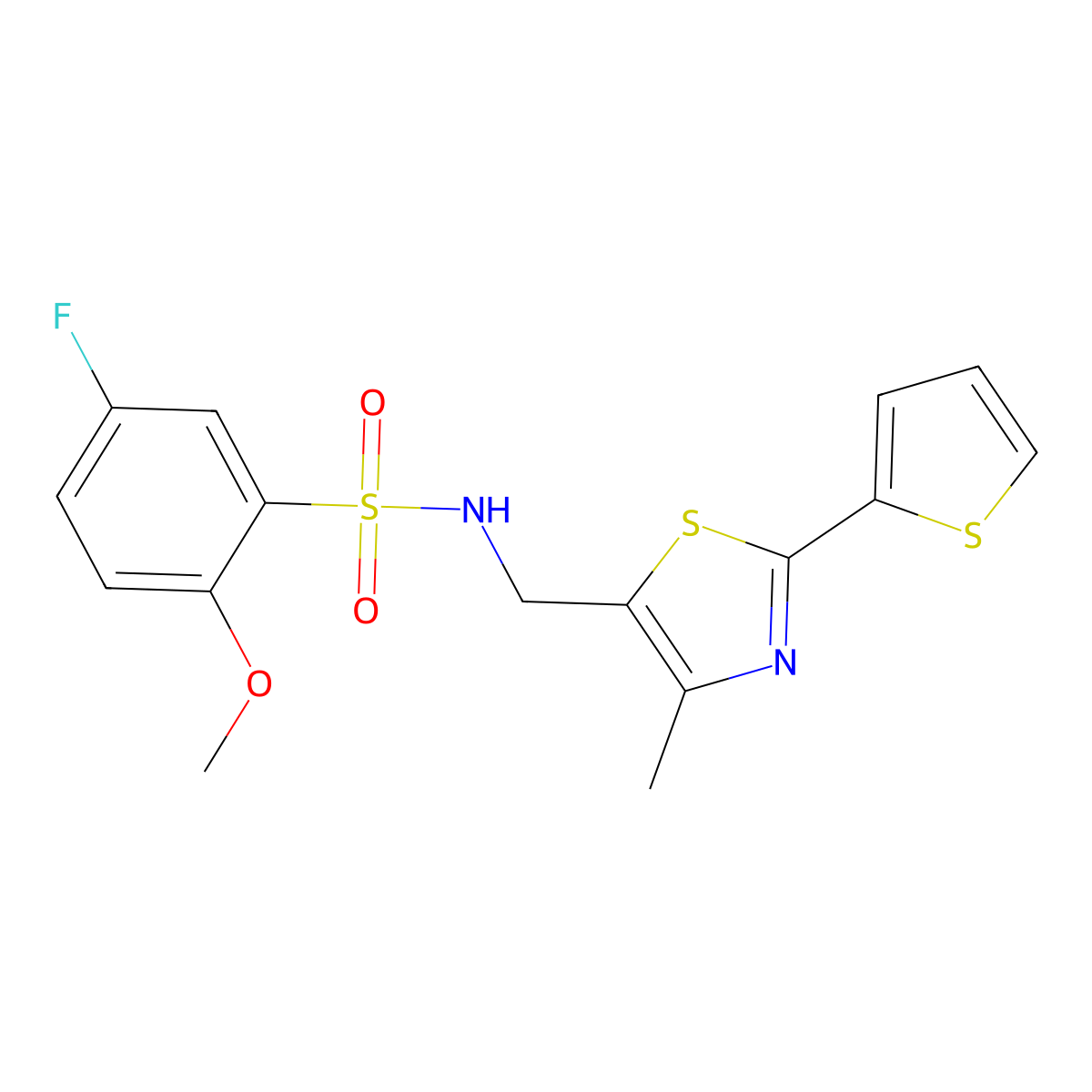 5-fluoro-2-methoxy-N-((4-methyl-2-(thiophen-2-yl)thiazol-5-yl)methyl)benzenesulfonamide molecular structure, CAS 1421526-87-5