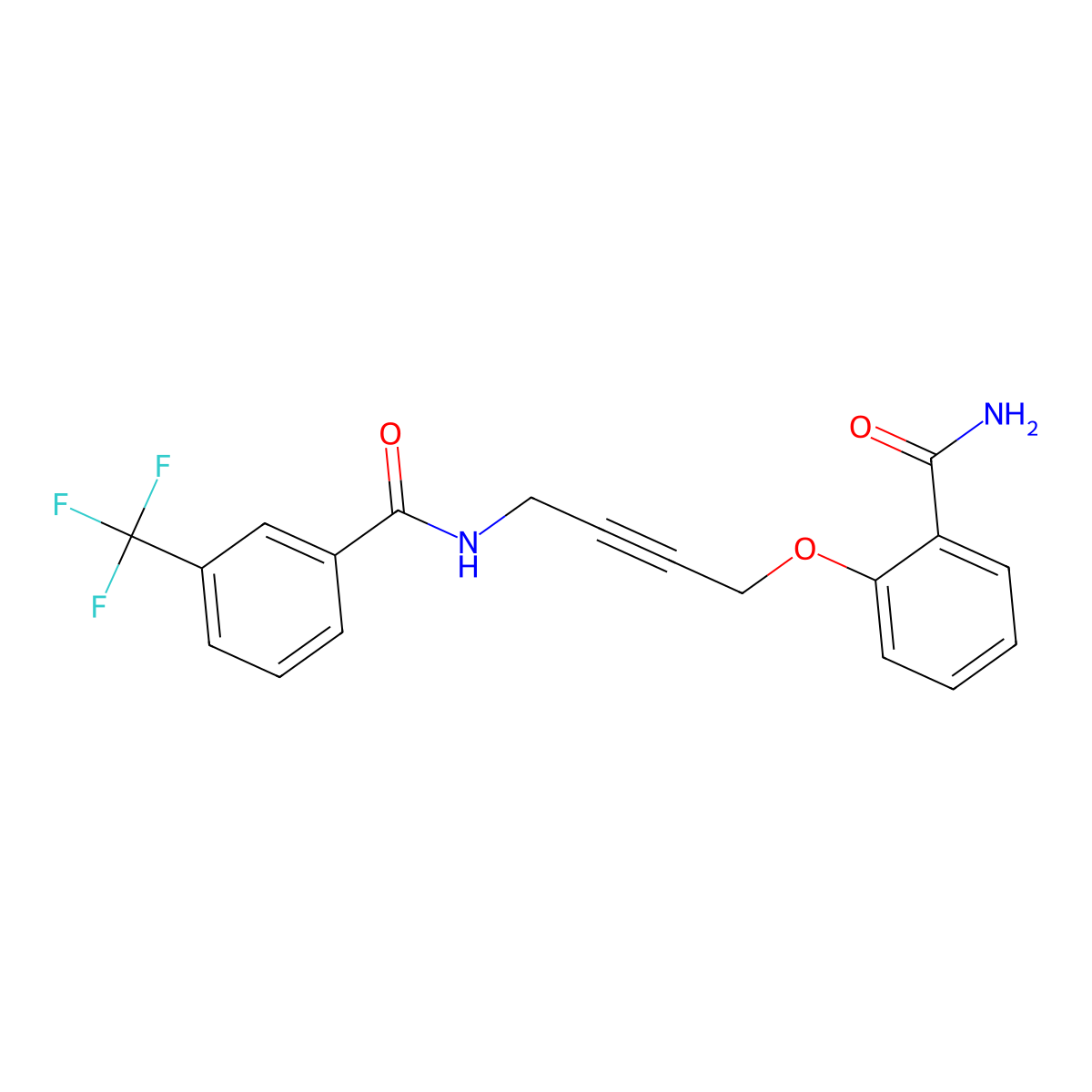 N-(4-(2-carbamoylphenoxy)but-2-yn-1-yl)-3-(trifluoromethyl)benzamide molecular structure, CAS 1421526-89-7