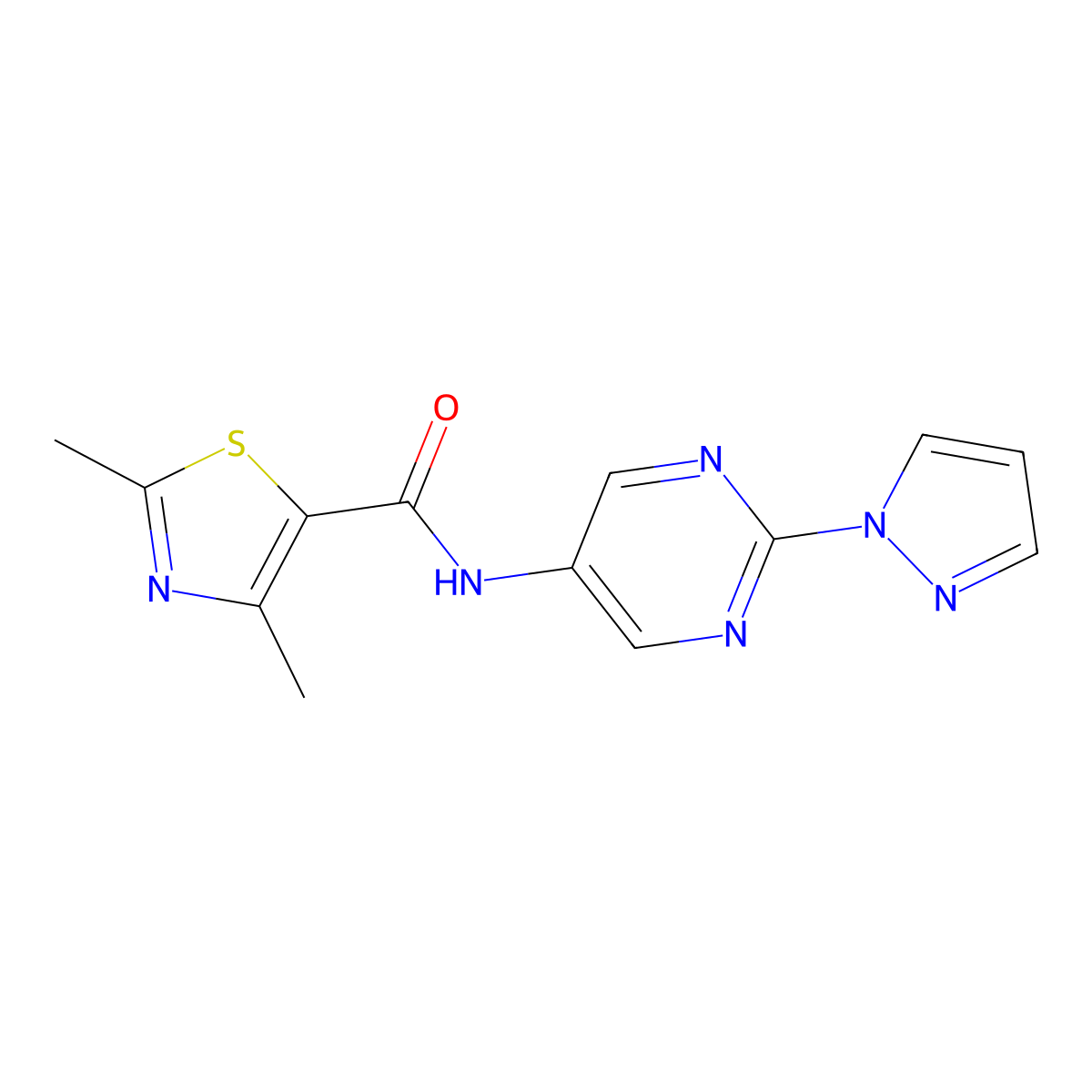N-(2-(1H-pyrazol-1-yl)pyrimidin-5-yl)-2,4-dimethylthiazole-5-carboxamide molecular structure, CAS 1421526-90-0