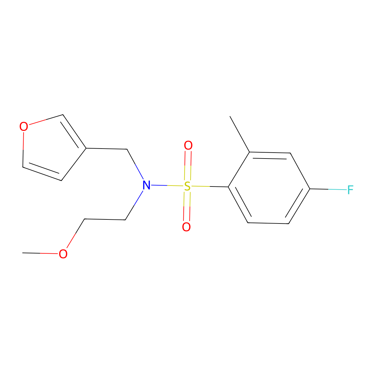 4-fluoro-N-(furan-3-ylmethyl)-N-(2-methoxyethyl)-2-methylbenzenesulfonamide molecular structure, CAS 1421526-99-9