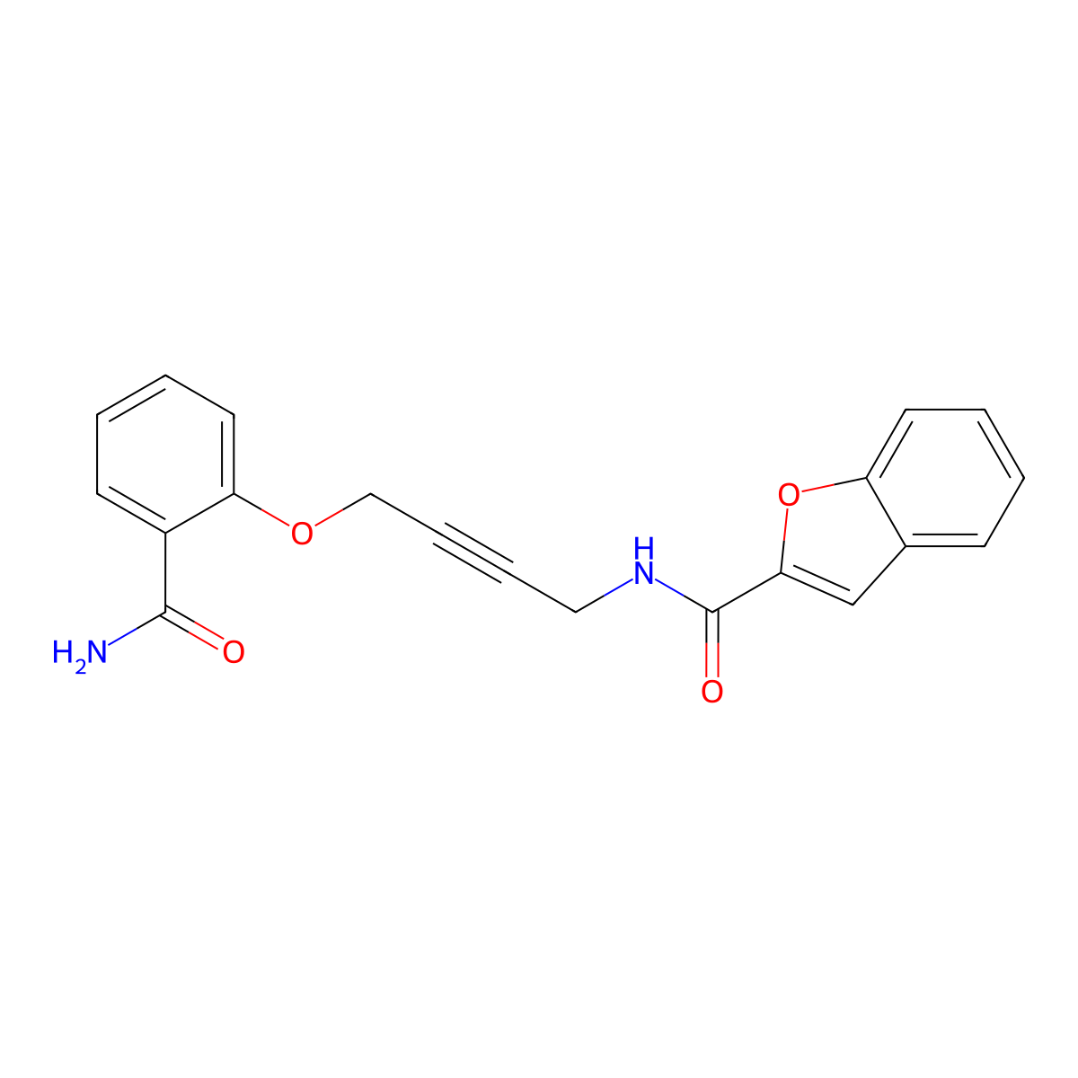 N-(4-(2-carbamoylphenoxy)but-2-yn-1-yl)benzofuran-2-carboxamide molecular structure, CAS 1421527-04-9