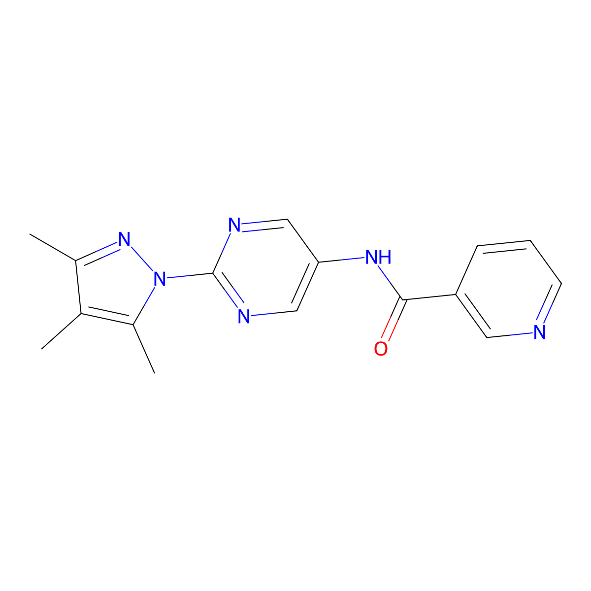 N-(2-(3,4,5-trimethyl-1H-pyrazol-1-yl)pyrimidin-5-yl)nicotinamide molecular structure, CAS 1421527-78-7