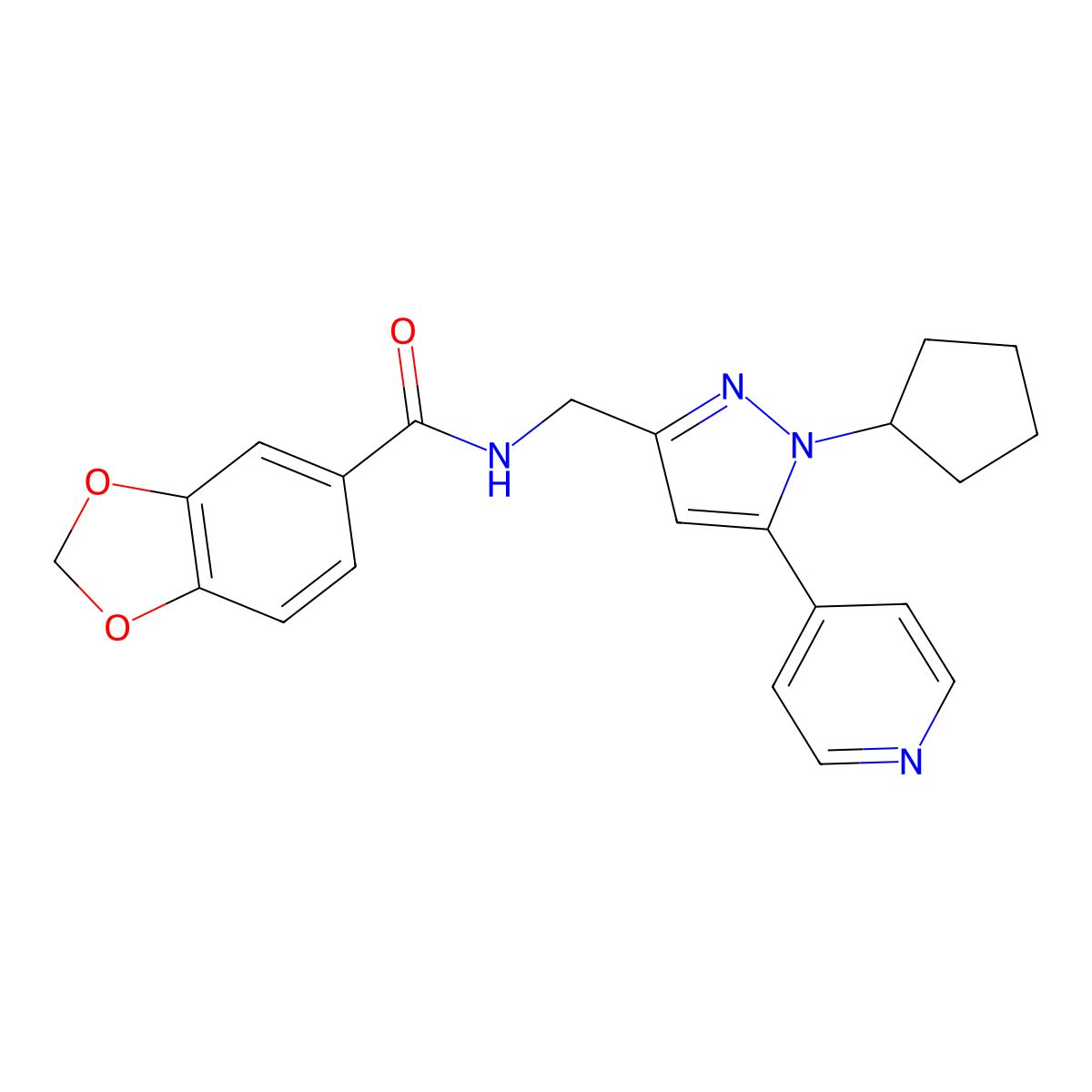 N-((1-cyclopentyl-5-(pyridin-4-yl)-1H-pyrazol-3-yl)methyl)benzo[d][1,3]dioxole-5-carboxamide molecular structure, CAS 1421527-81-2