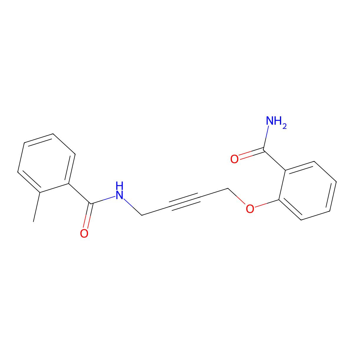N-(4-(2-carbamoylphenoxy)but-2-yn-1-yl)-2-methylbenzamide molecular structure, CAS 1421527-86-7