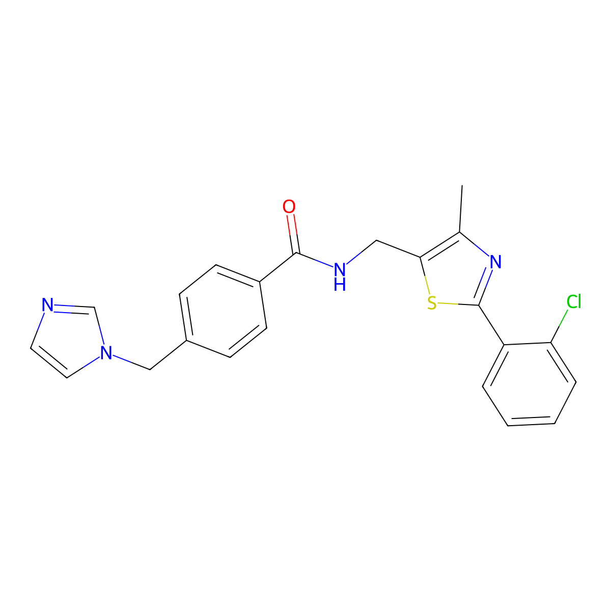 4-((1H-imidazol-1-yl)methyl)-N-((2-(2-chlorophenyl)-4-methylthiazol-5-yl)methyl)benzamide molecular structure, CAS 1421527-87-8